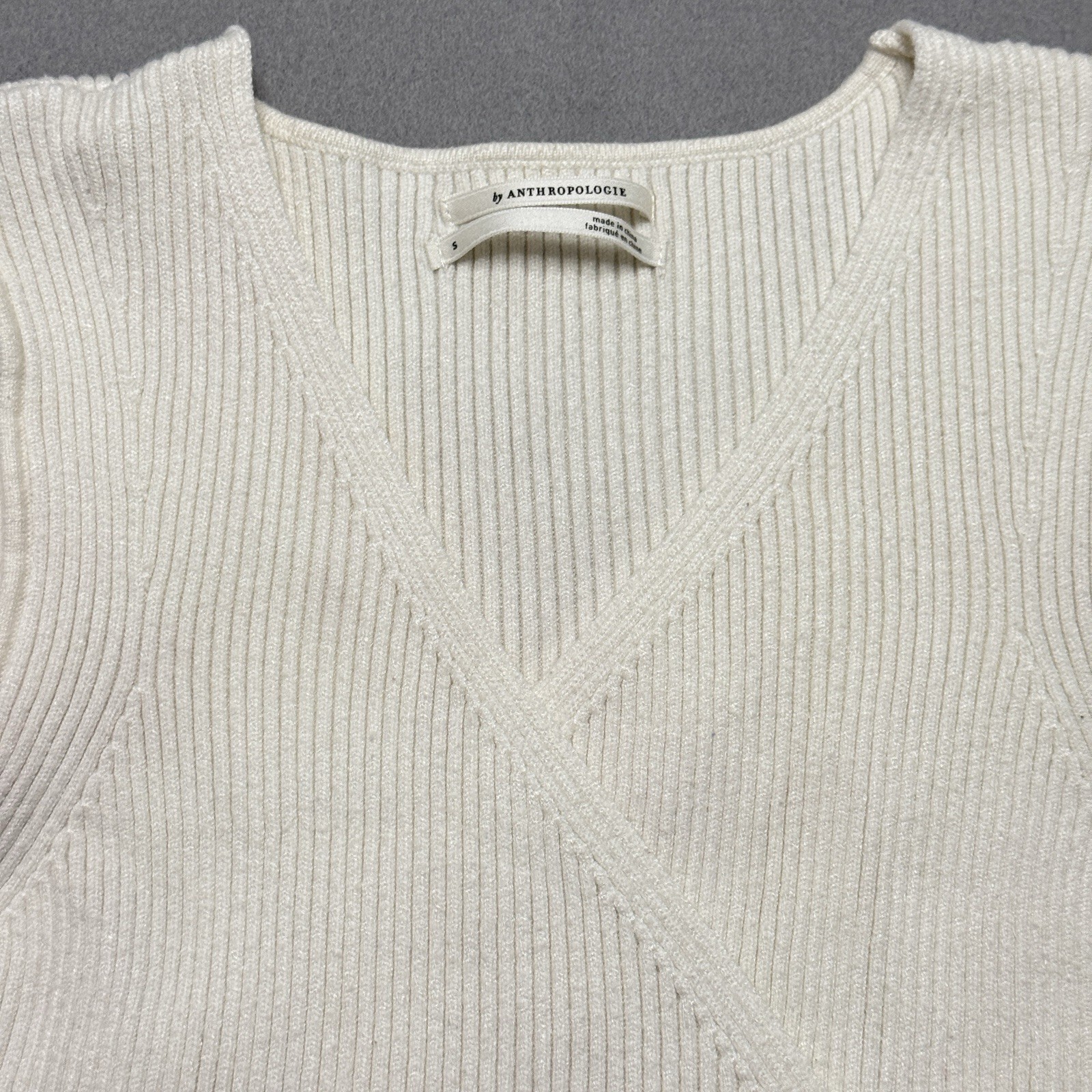 Anthropologie Top Womens Small Cream Knit Faux Wrap Ribbed Bishop Sleeve