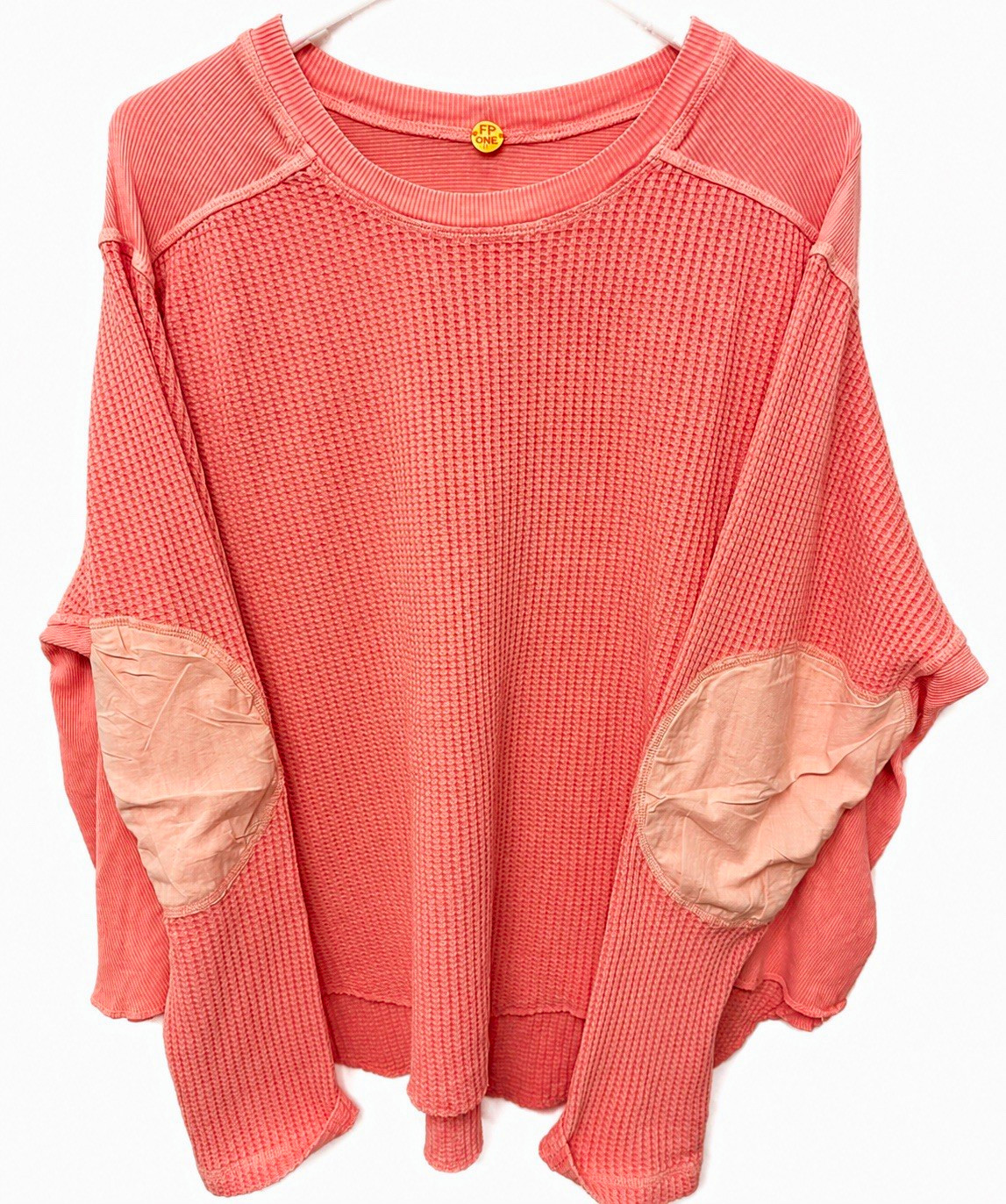 FP One Pink Solid Waffle Knit Round Neck Pullover Top Elbow Patches Long S