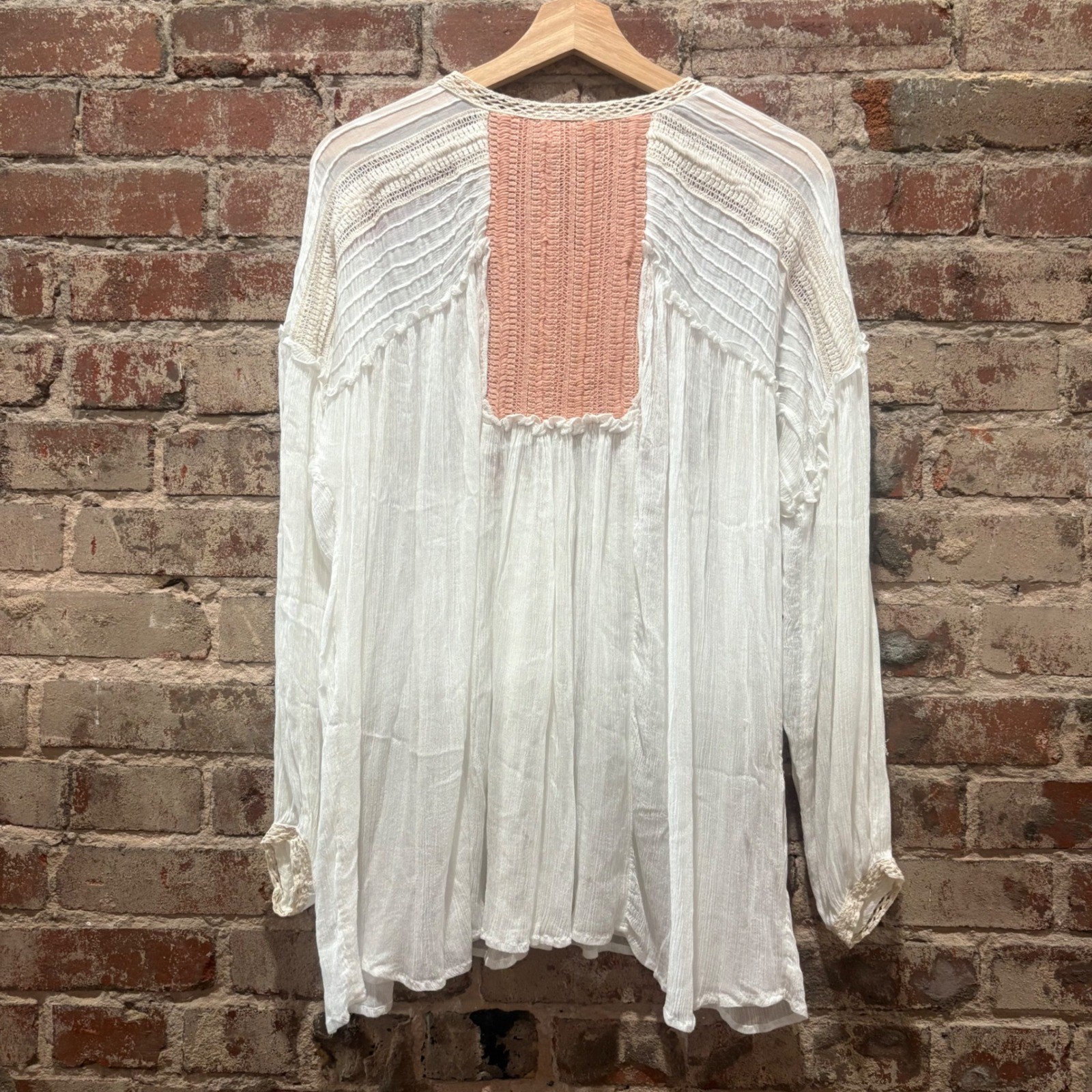 Sundance Constance Crochet Trim Pintuck Blouse Womens Small White Red Boho Top