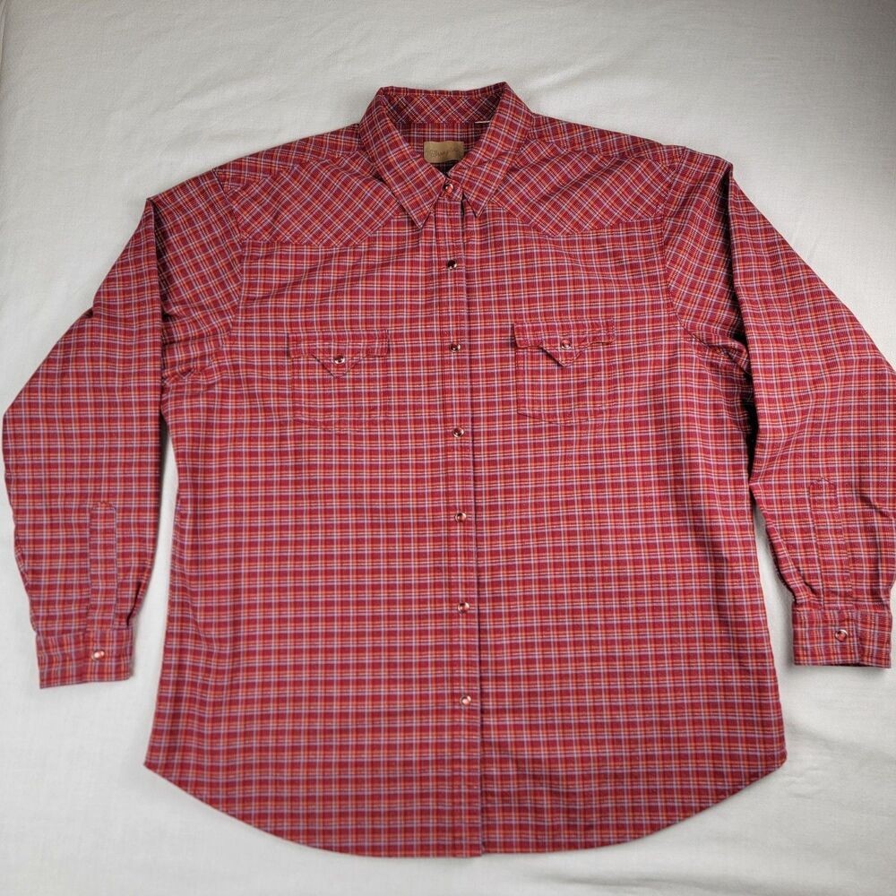 Wrangler Women’s 2XL Western Pearl Snap Shirt Red Gold Plaid Long Sleeve Cowgirl