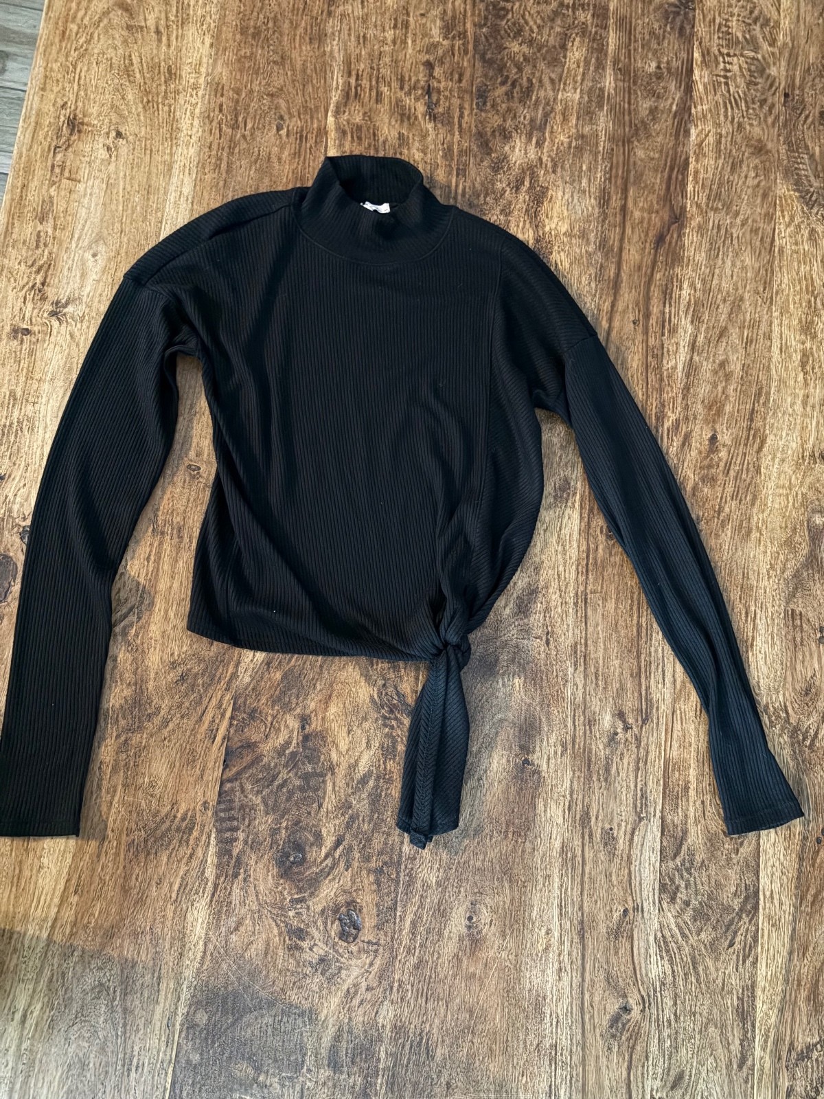 Rag & Bone Black Long Sleeve Ribbed Knit Top with Side Tie Detail