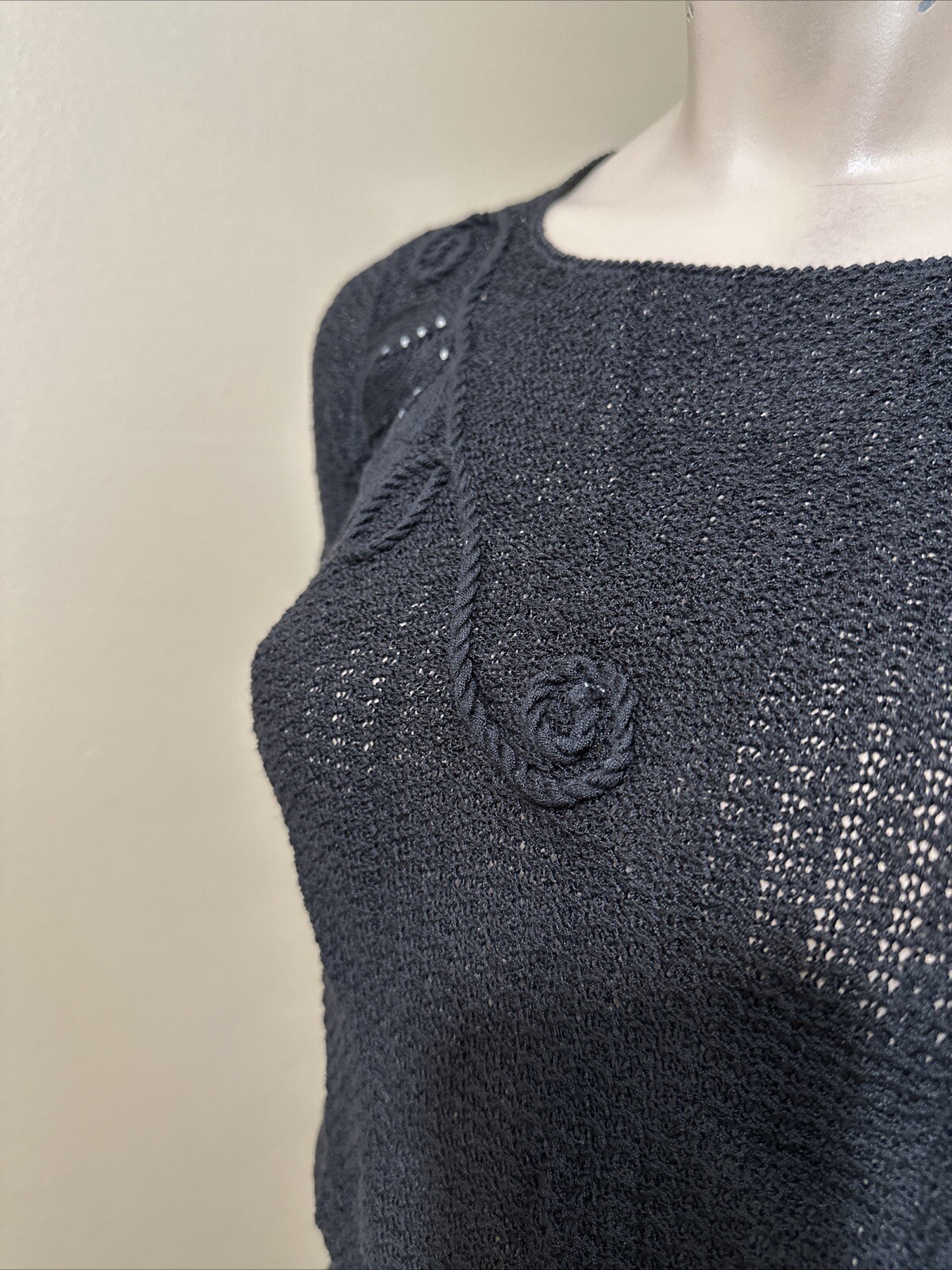 Women’s Black Cotton Crochet Casual Stretch Slim Sheer Lace Beaded One Size Top