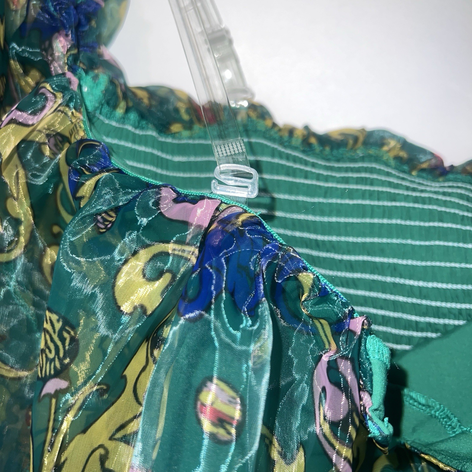 Off-Shoulder Print Smocked Crop Top with Elastic Flutter Sleeves – Green Bustier
