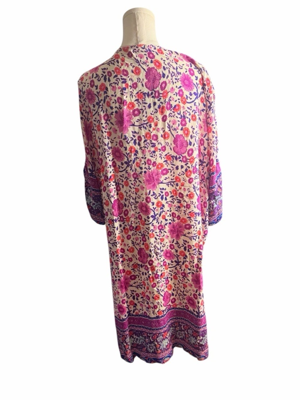 Halife 2X Boho Floral Border Print Tassel Tie Shift Dress Pink Purple Plus Size