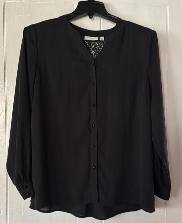 NWOT Susan Graver SZ 14 open LACE see thru BACK Button up front Top Shirt BLACK