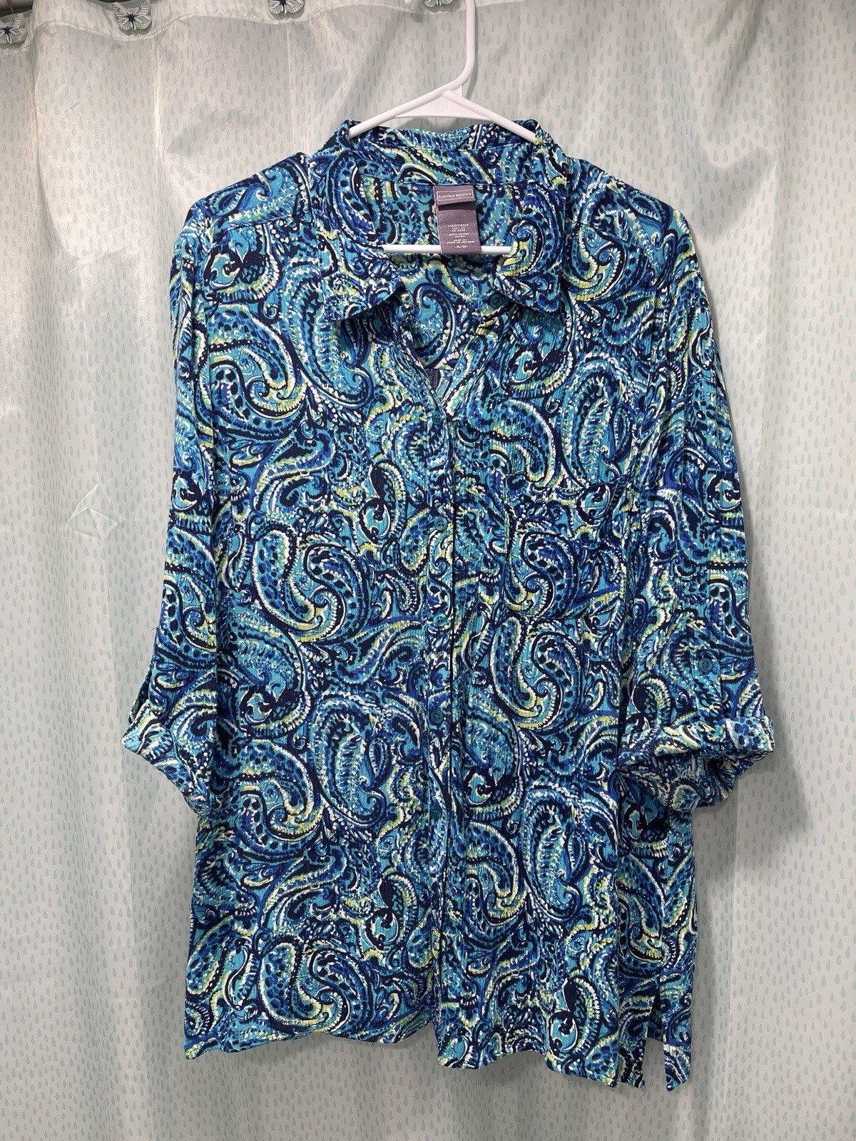 Laura Scott button-down blouse blue/turquoise/lime paisley roll-tab 3/4 sleeves