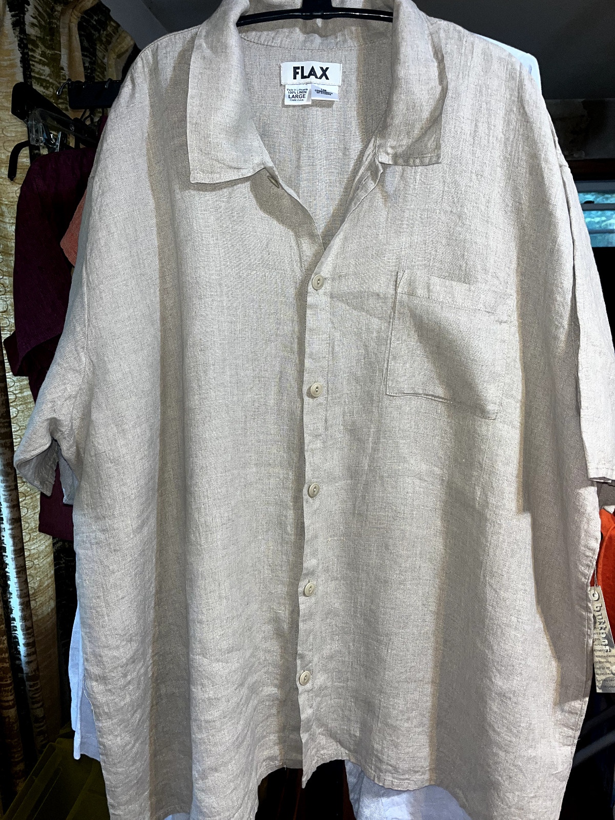 FLAX Large Camp Shirt Neutral mens style bottoning Medium Weight Linen chest 56