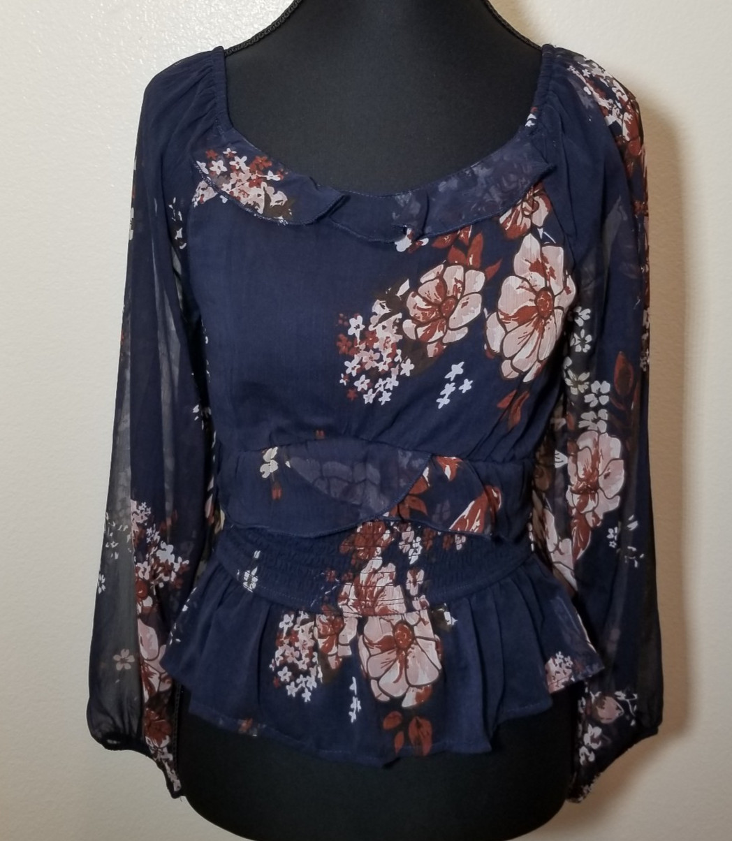 Bloom Womens Small Floral Balloon Sheer Sleeve Top Milk Maid Peasant Cottage NWT