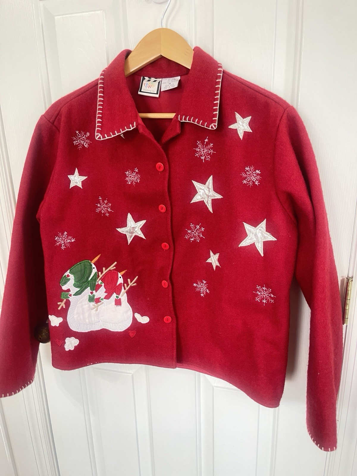 Take Two VTG Size Med Snowman Jacket Shacket Red Christmas Wool Blend Red