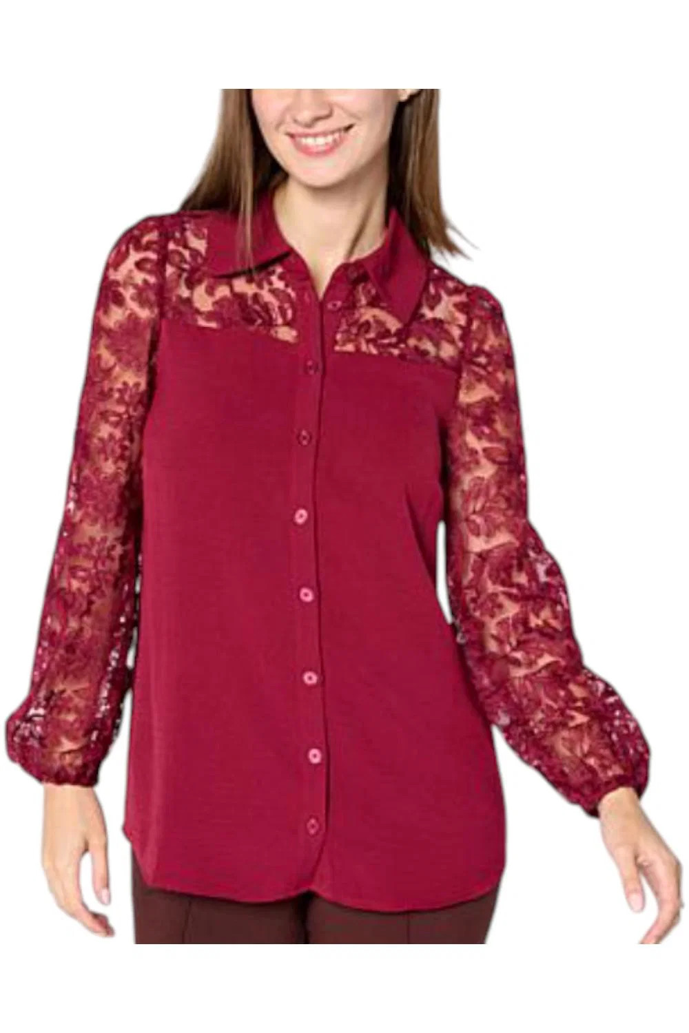 Nina Leonard Women’s Textured Wave & Embroidered Mesh Top Cherry Wine