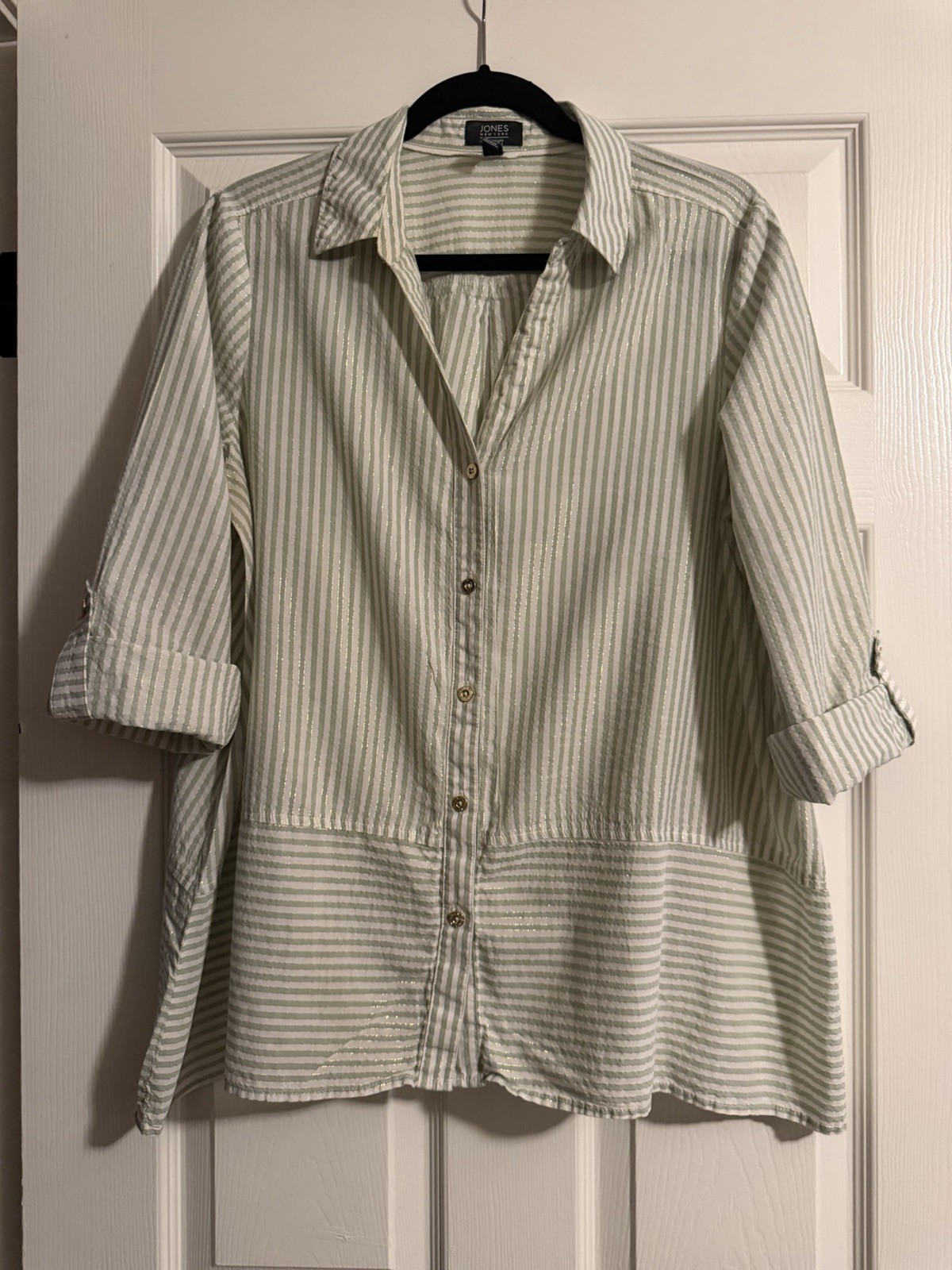 Jones New York Signature Green White Striped Seersucker Collared Blouse L