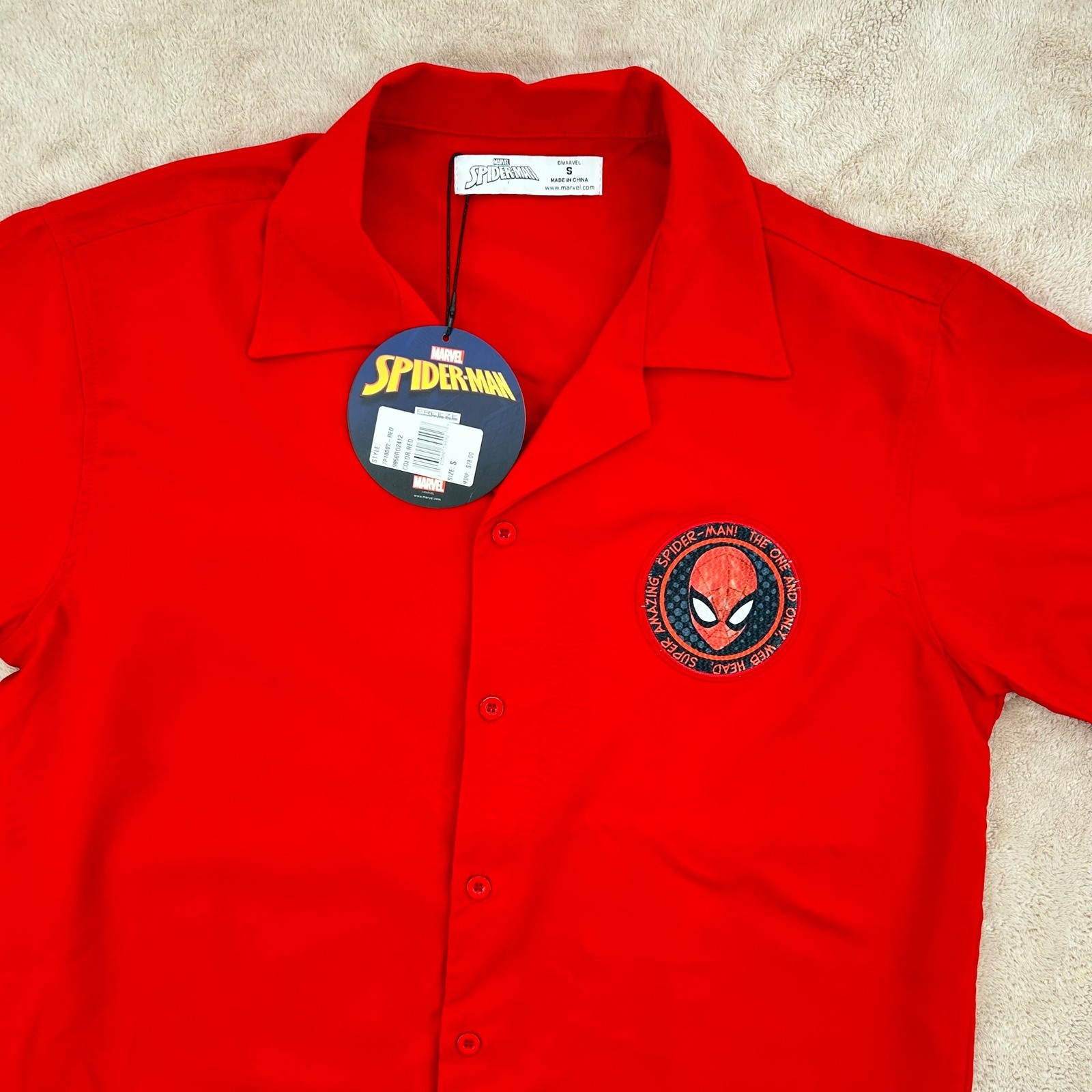 Marvel Spider-Man Red Button Down Shirt Short Sleeve Camp Collar SmalLRED