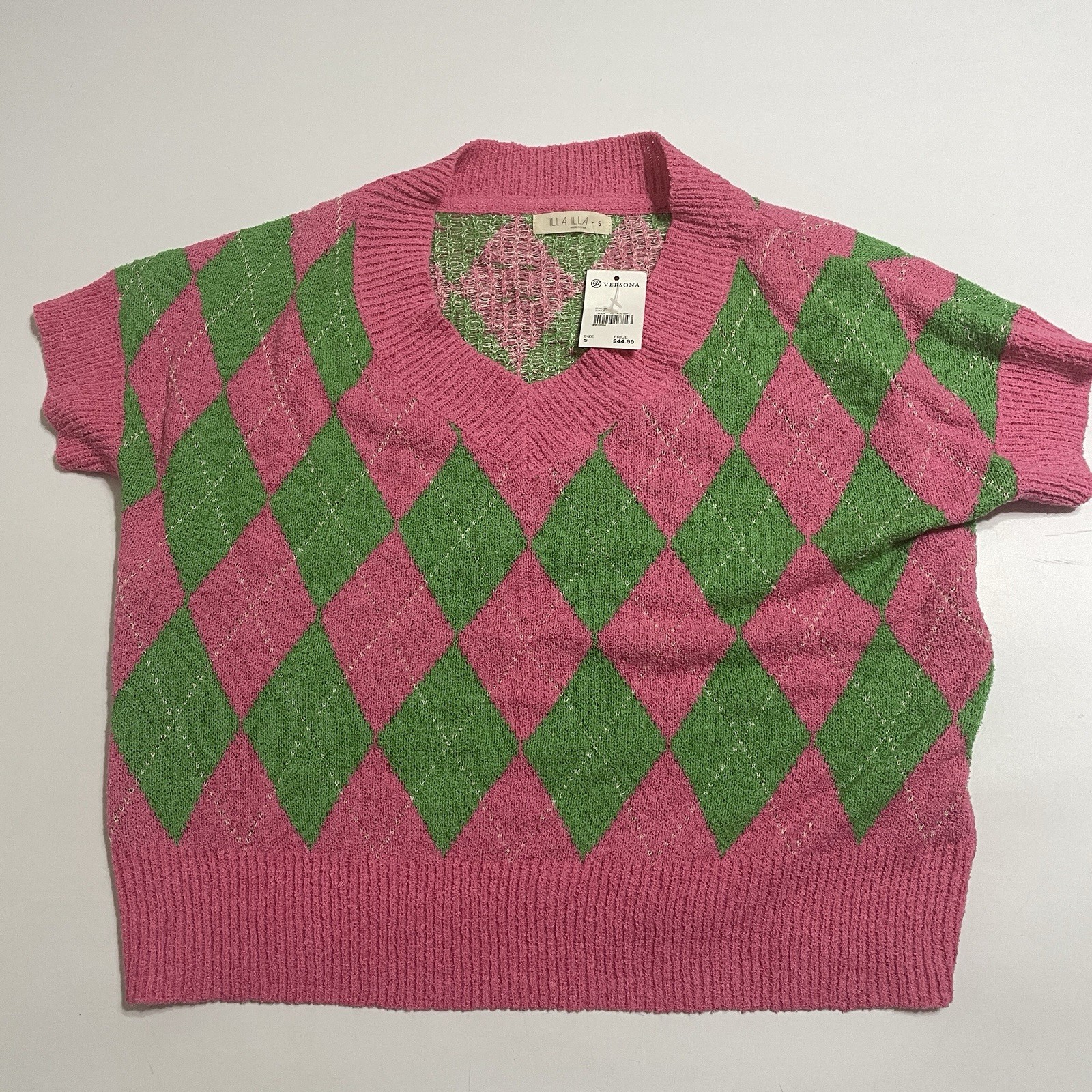 ILLA ILLA Womens Sweater Argyle Diamond Short Sleeve Pink Green NWT