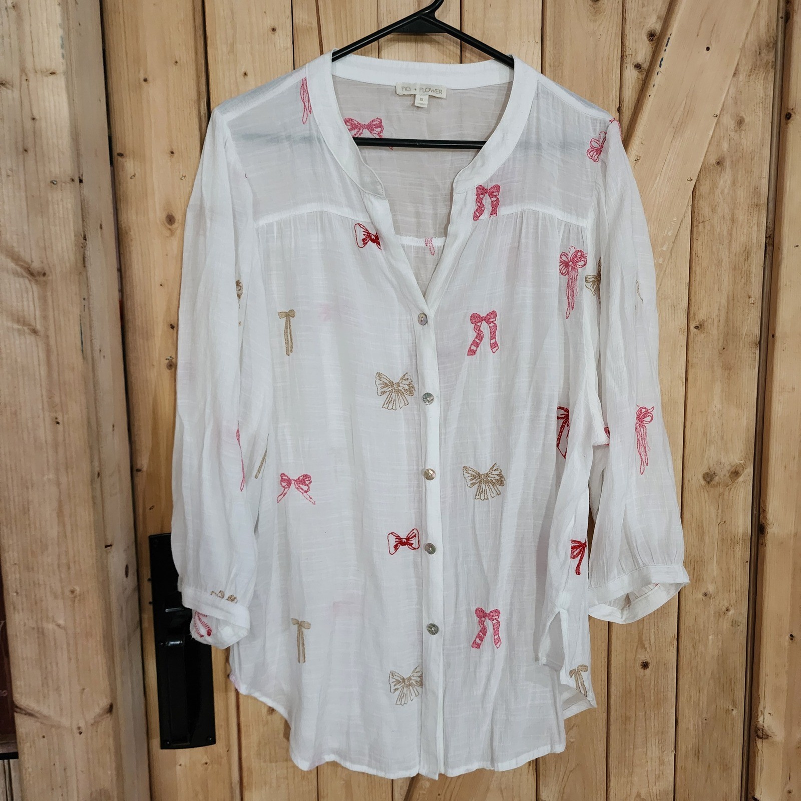Fig + Flower Womens XL White Embroidered Bow Blouse 3/4 Sleeve Button Up Top