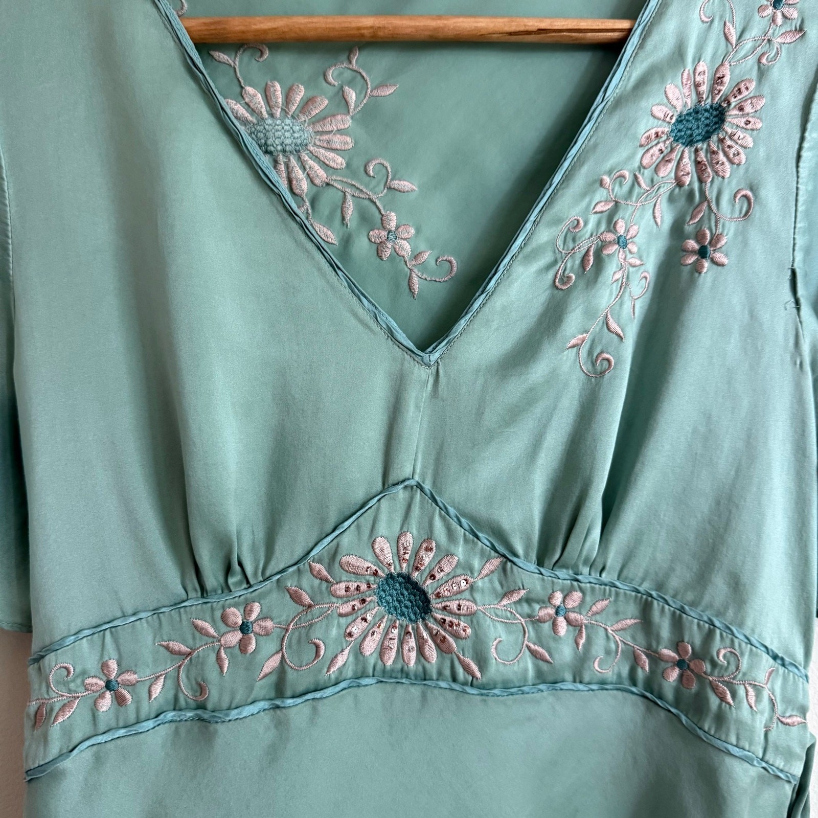 Y2K Vintage Monsoon Mint Blue Silk Floral Embroidered Babydoll Blouse Size 8