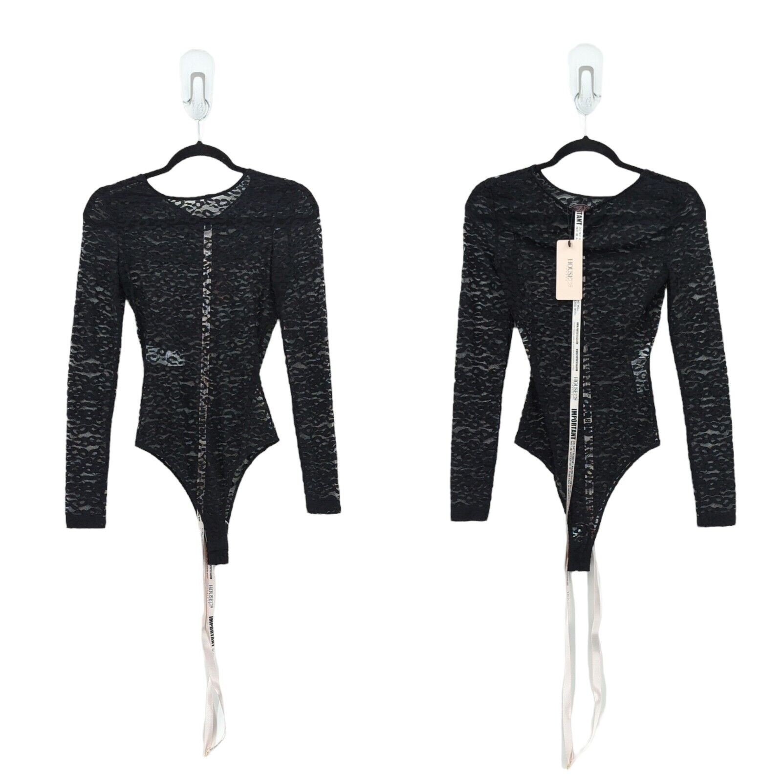 House of CB Women XS Carmine Bodysuit Black Lace Long Sleeve Sheer Cheetah NEW