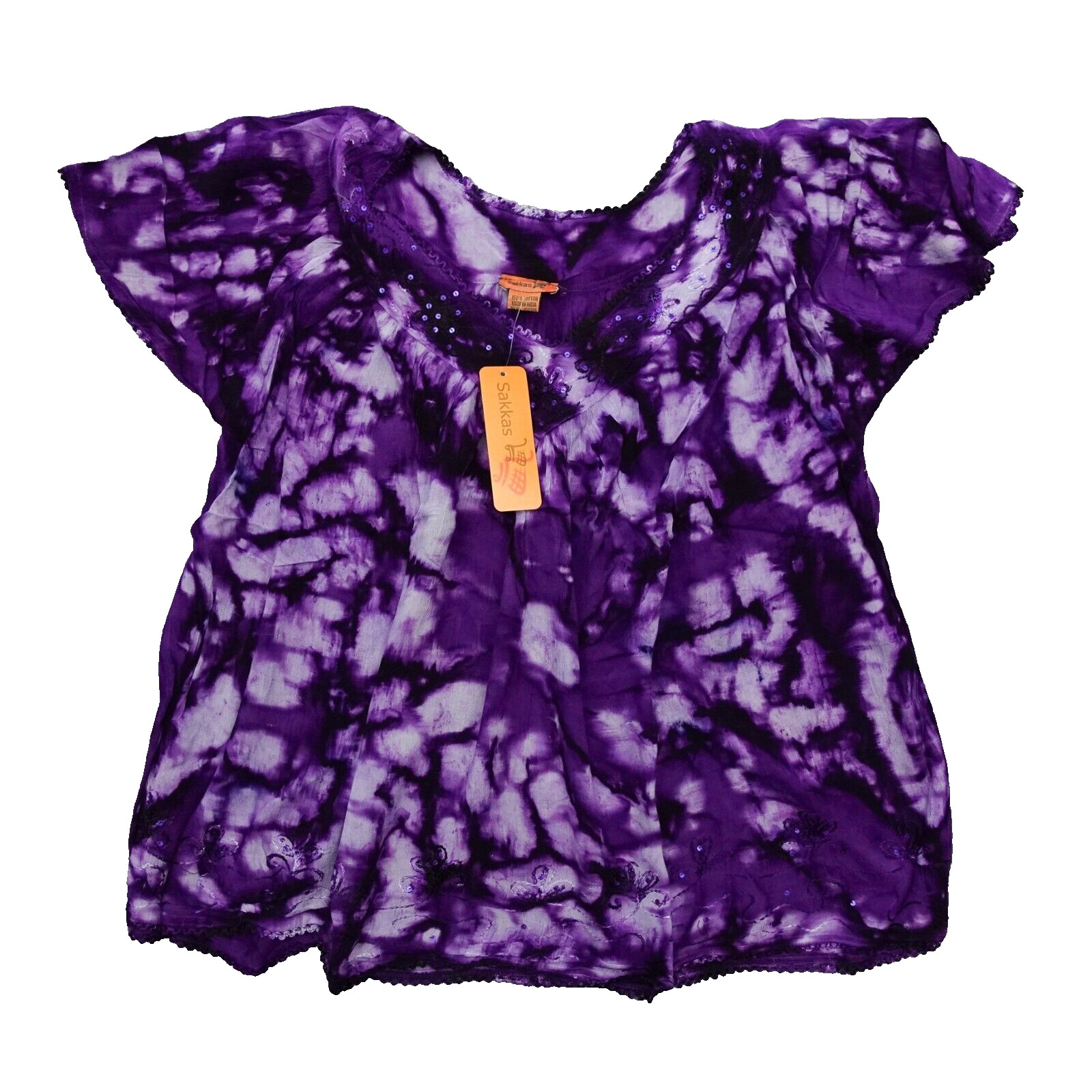 Sakkas Tunic Top Women One Size Tie Dye Boho Shirt Blouse Purple Embroidered