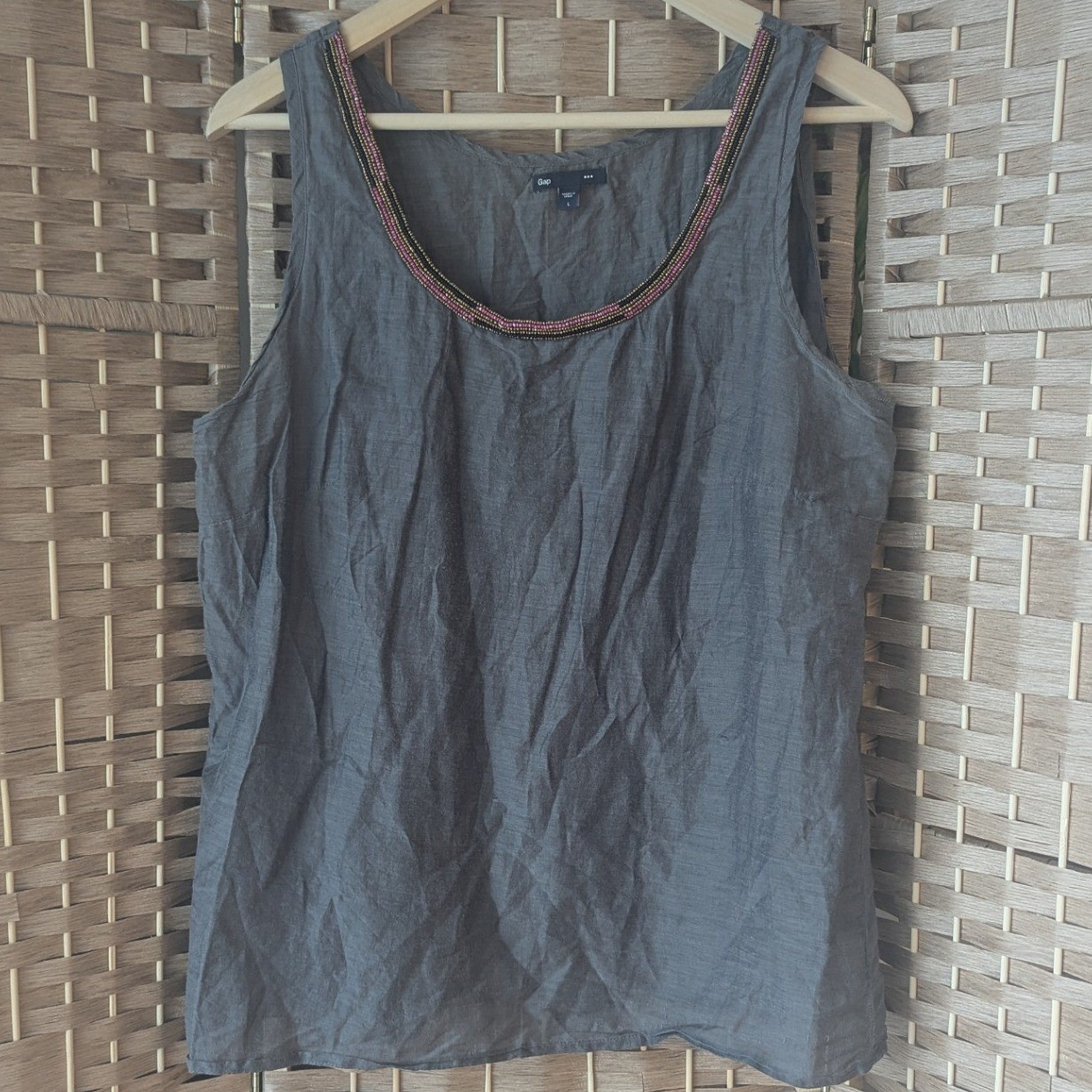 Gap Womens Gray Cotton Silk Blend Beaded Neckline Sleeveless Tank Top Womens L