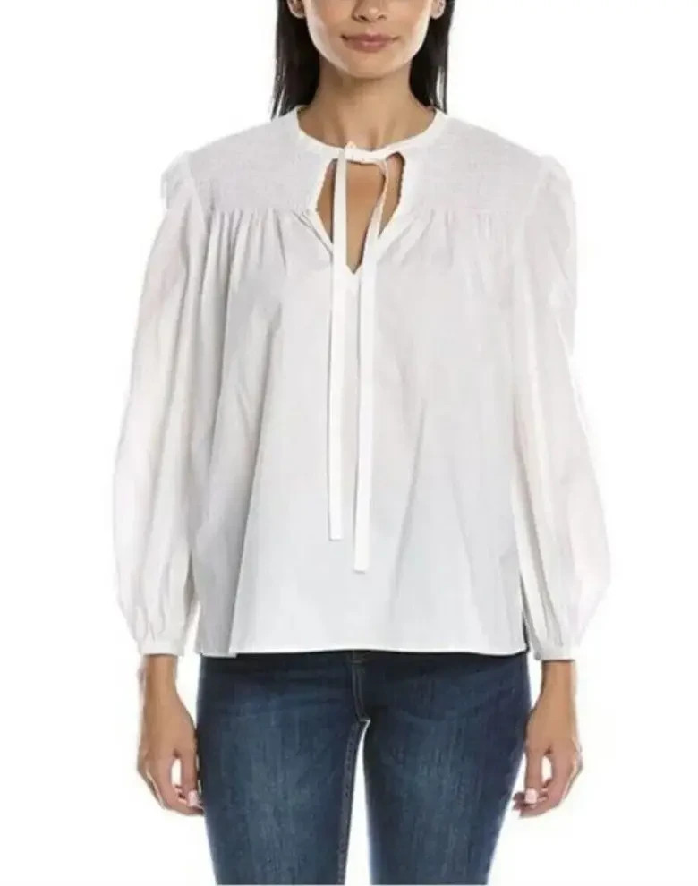 Derek Lam 10 Crosby Austin Smocked Women’s 6 Optic White Long Sleeve Blouse NWT