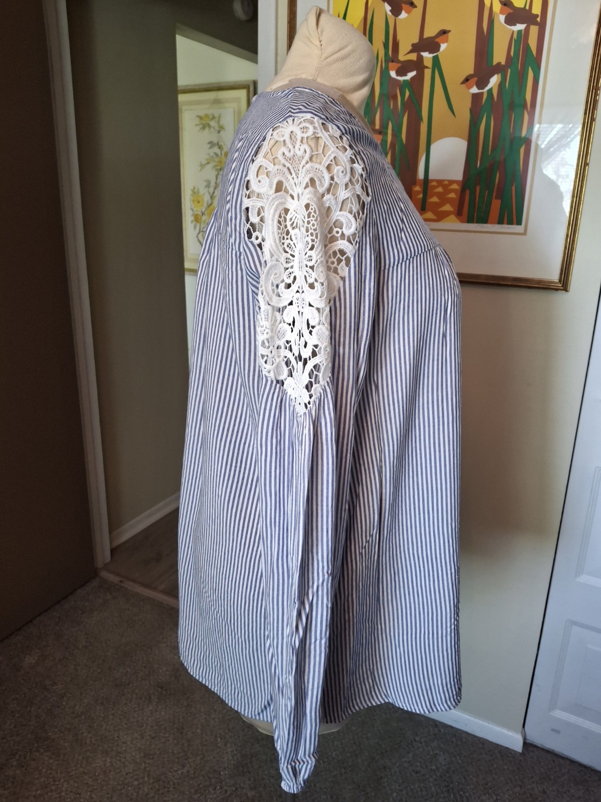 Lane Bryant Size 14/16 Top Long Sleeve Blue White Stripe Lace Insert Blouse