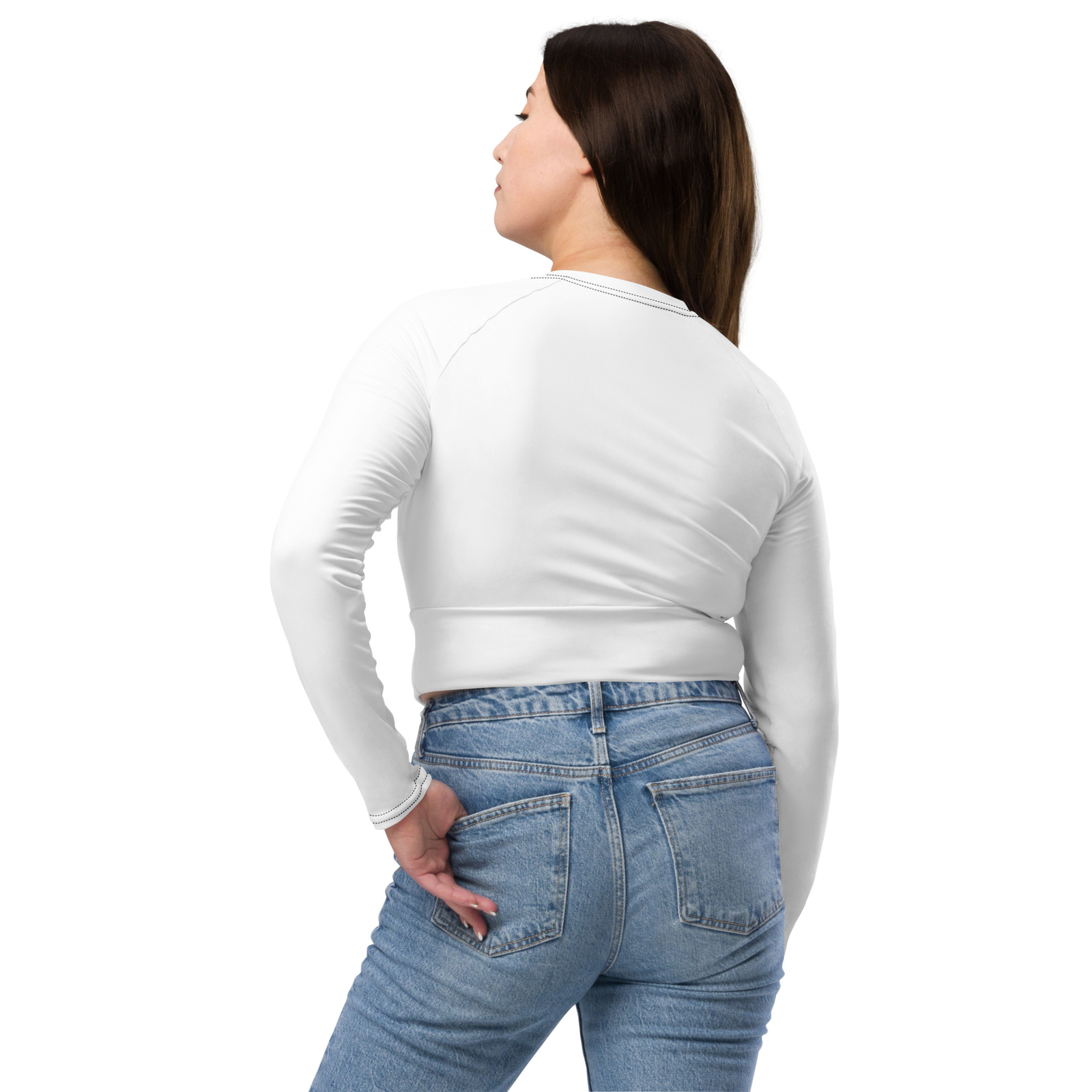 Women’s Long Sleeve Crop Top | White w/ Black Logo | UPF 50+ | Sizes 2XS-6XL