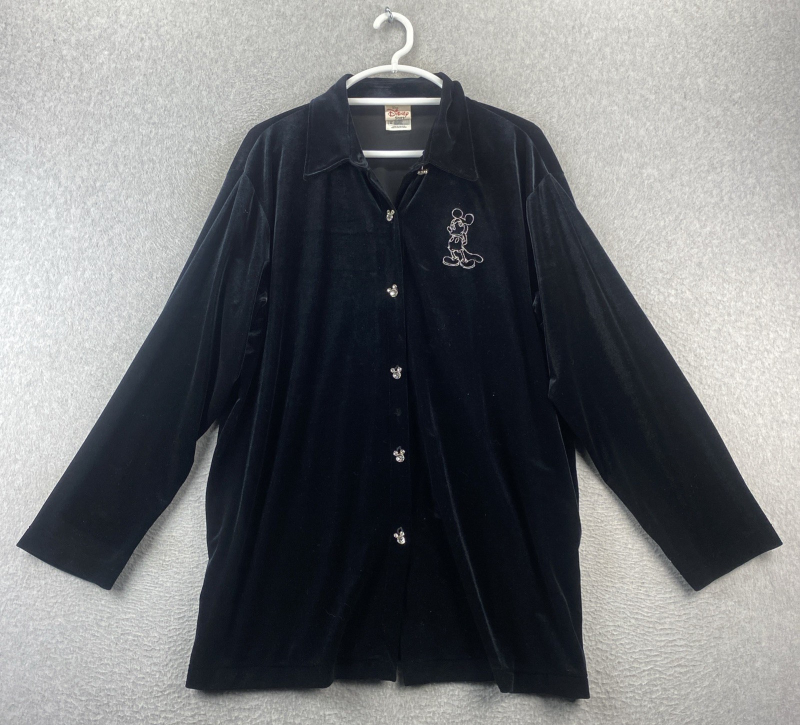 Disney Store XL Black Velour Mickey Mouse Button Front Long Sleeve Shirt Top
