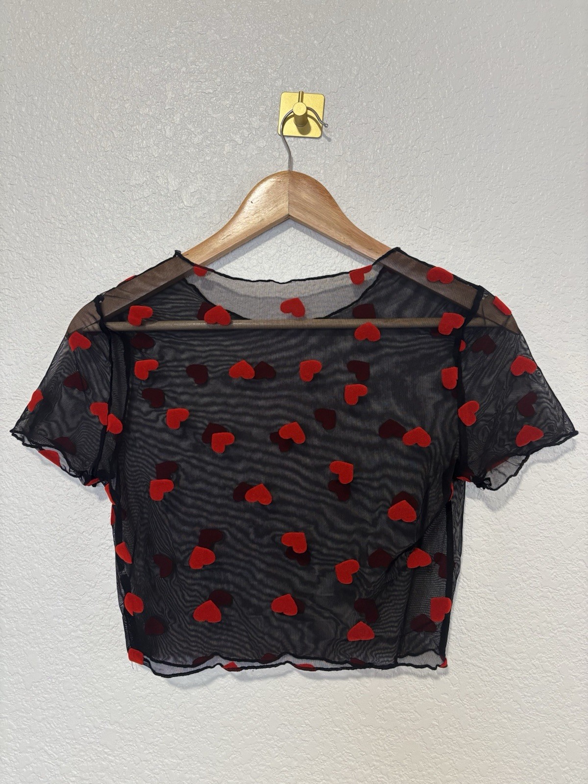 Black Sheer Mesh Heart Crop Top Red Velvet Flocked Hearts Short Sleeve Y2K XS S