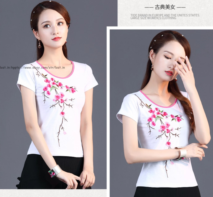 Summer Chinese Style Women’s Short Sleeve Blouse Tops embroidery Ethnic T-Shirts