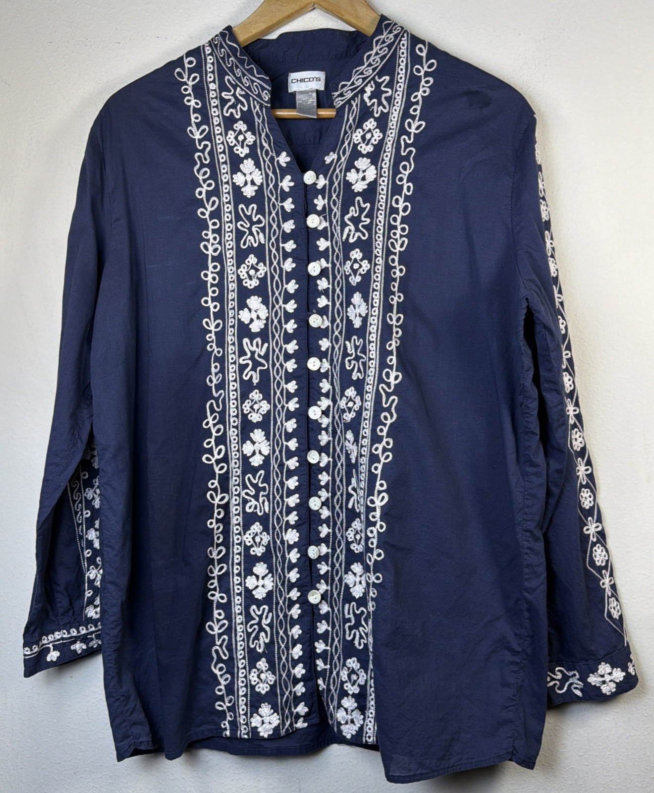 Chico’s women’s xl embroidered navy bohemian beach vacation tunic shirt ocean