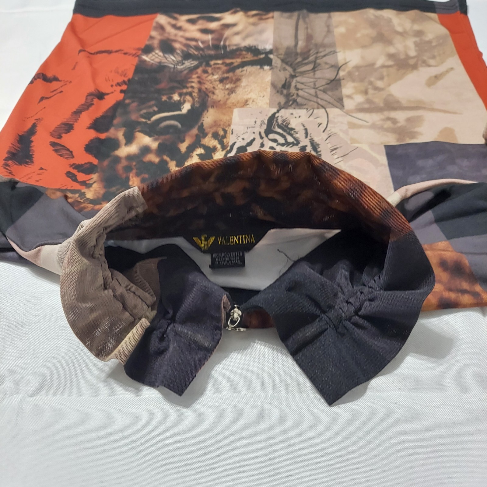 Valentina Tiger Print Zip Front Top Womens L Rhinestone Embellished 3/4 Sleeve