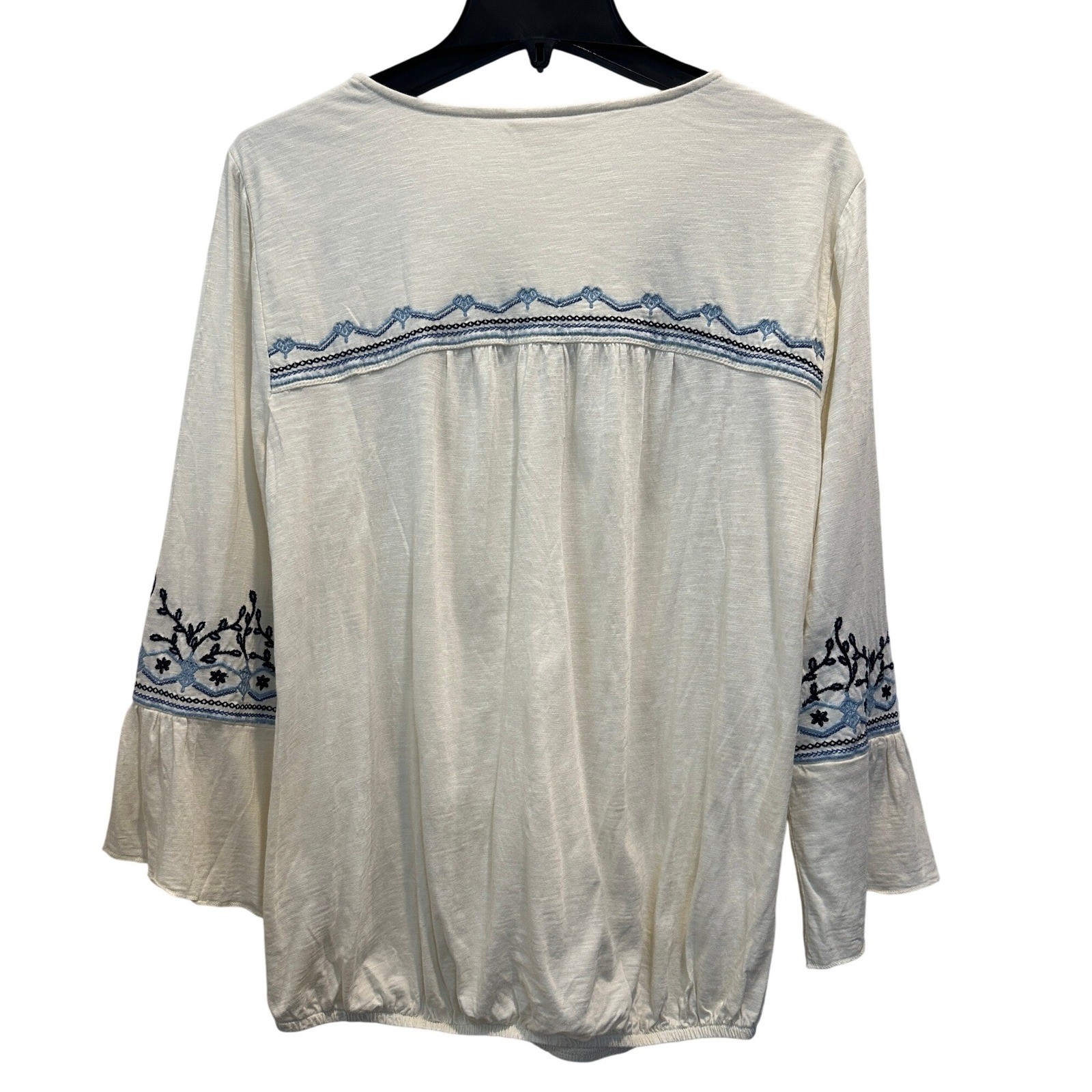 Festival Embroidered Top Cream Blue Floral Bell Sleeve Women’s Medium Boho