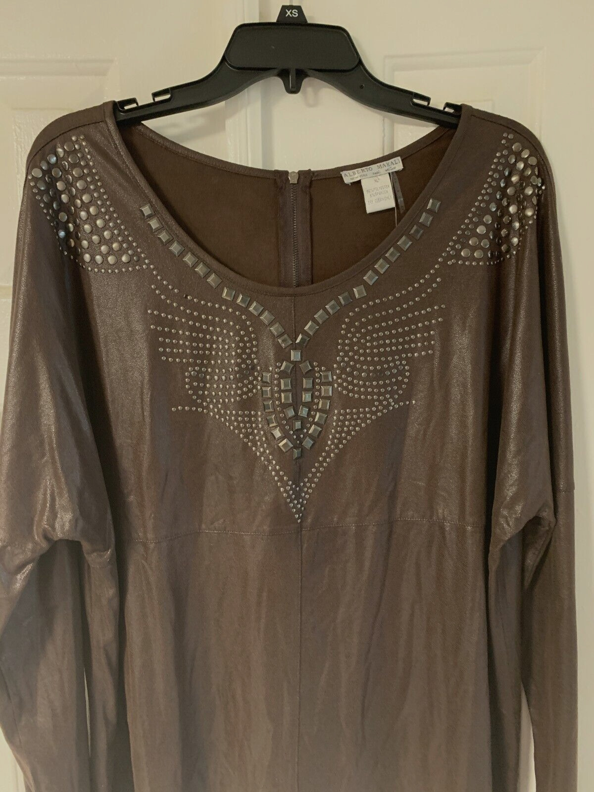 Alberto MAKALI NWT unique FULL ZIPPER back STUDDED brown blouse long sleeves
