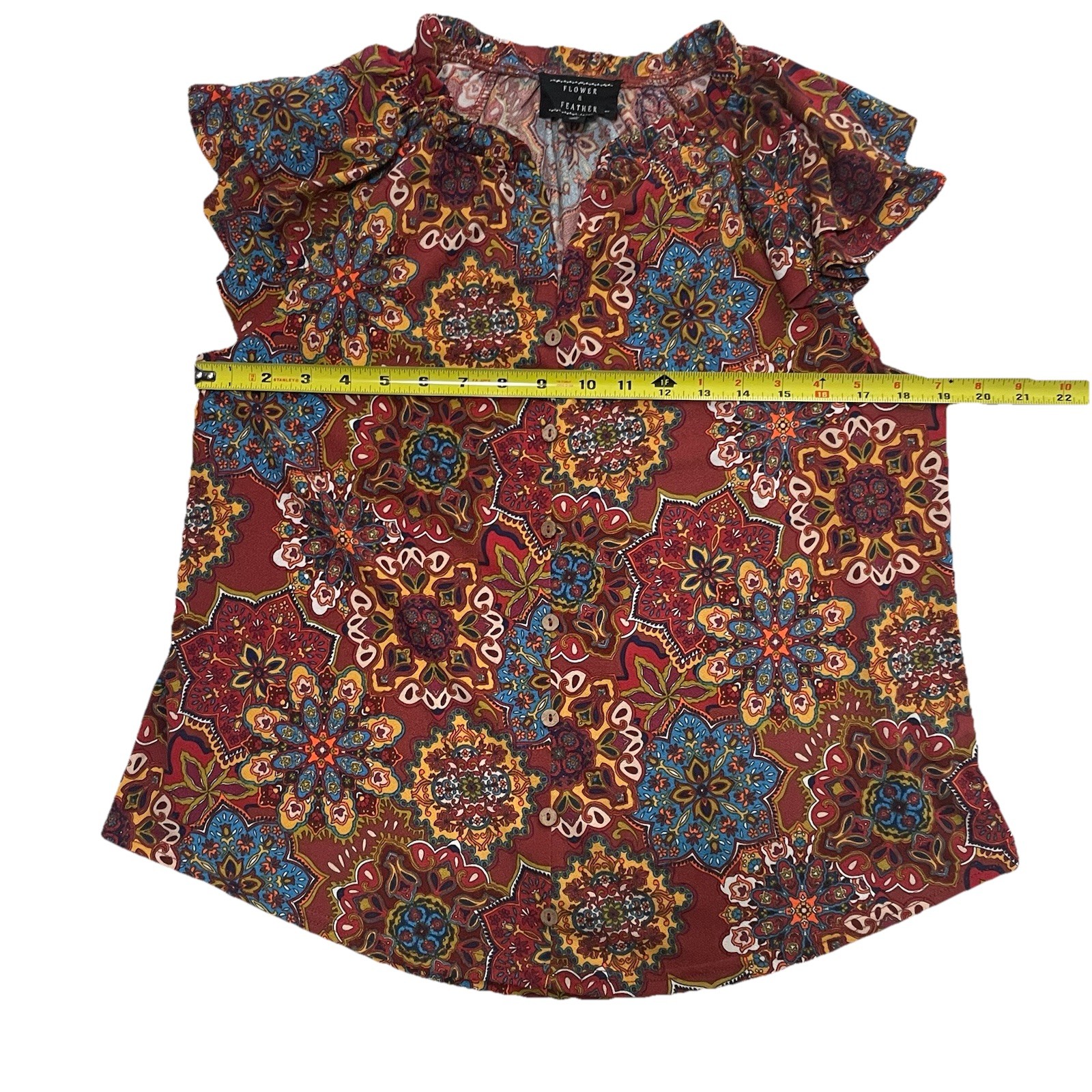 Flower & Feather Top Ruffled Sleeve Blouse Boho Beach Button Detail Women’s Sz M