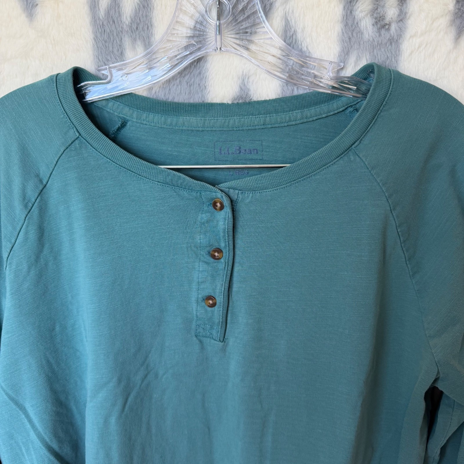 L.L.Bean Womens Teal Henley Long Sleeve Raglan Shirt Size L Regular