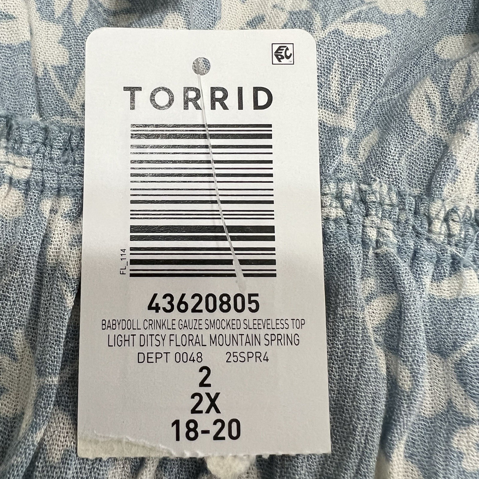 NEW! Torrid Babydoll Crinkle Gauze Smocked Sleeveless Top Floral Plus 2X Blue