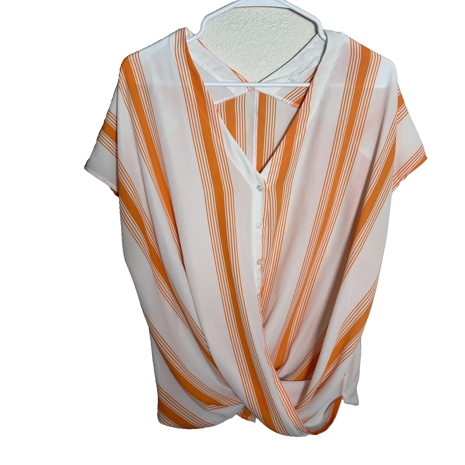 Lush Blouse Women’s Medium V-Neck Short Sleeve Button Twist Sheer Casual Top