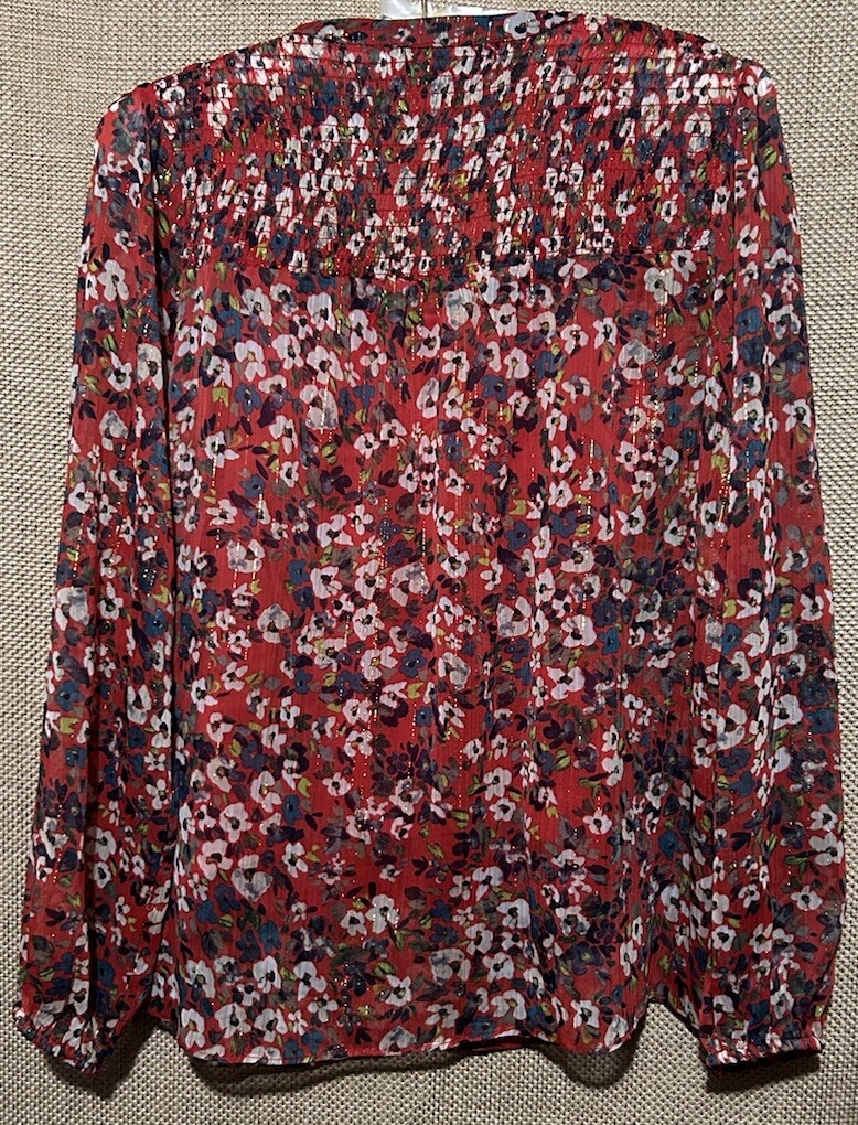 Zac & Rachel Top S Cute Red Silky Floral Popover Shirt Blouse Women’s Size Small