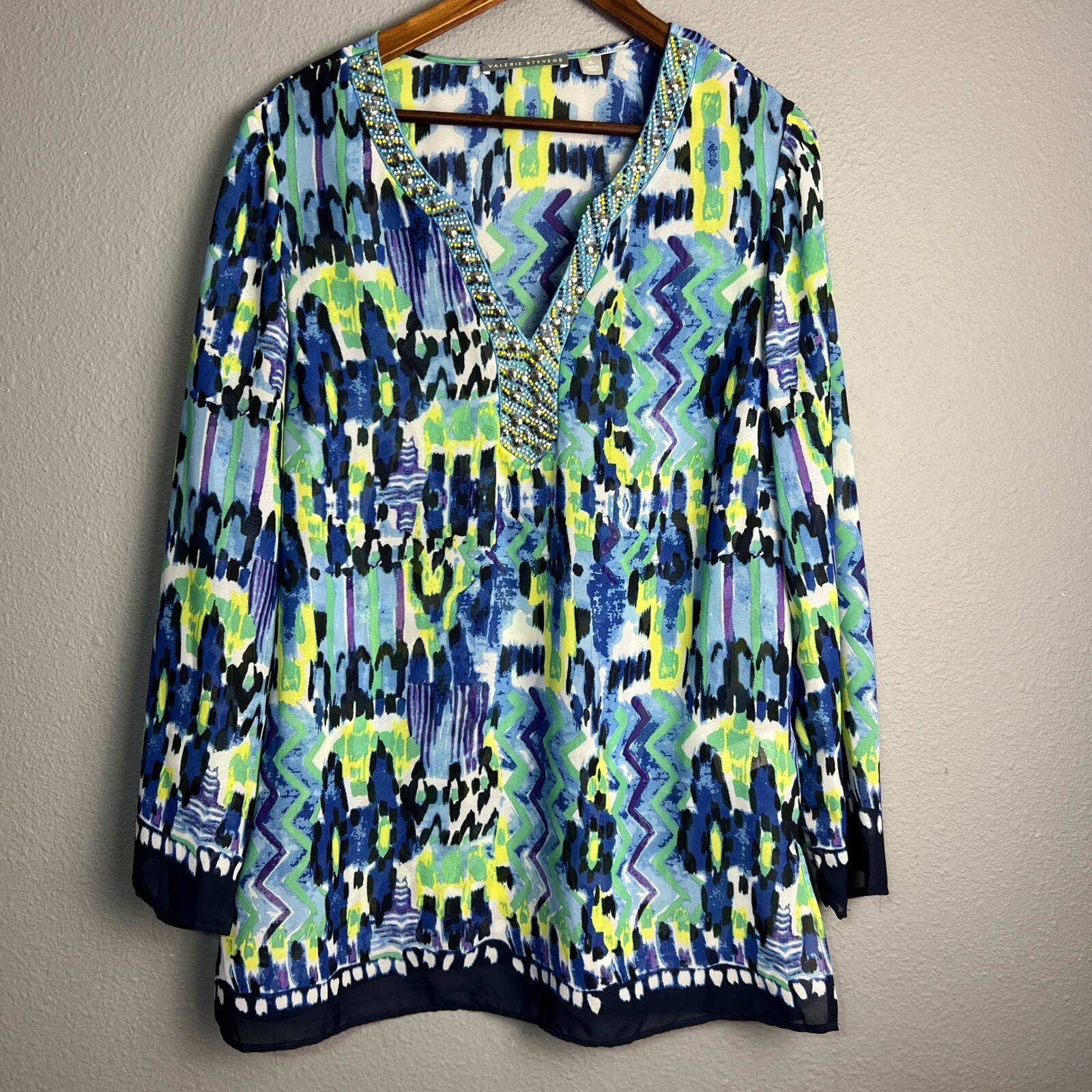 Valerie Stevens Watercolor Beaded V-Neck Tunic Top Colorful Print Blouse XL