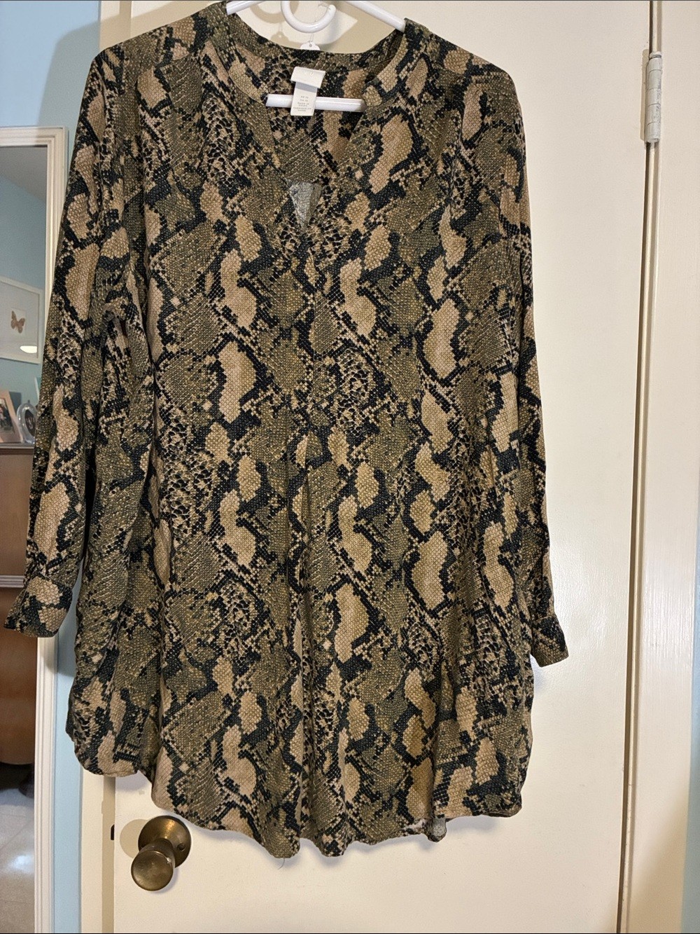 H&M Snake-Print V-Neck Tunic in Olive and Tan