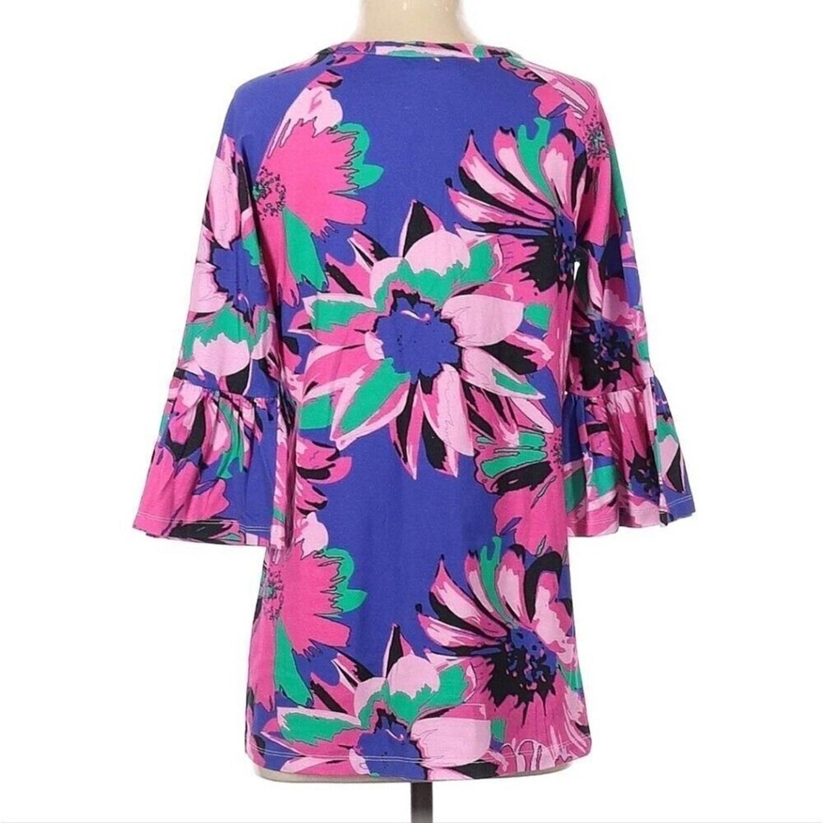 Tracy Negoshian Womens Size XXS Blue & Pink Flowered Blouse W/ Tied Neckline NWT