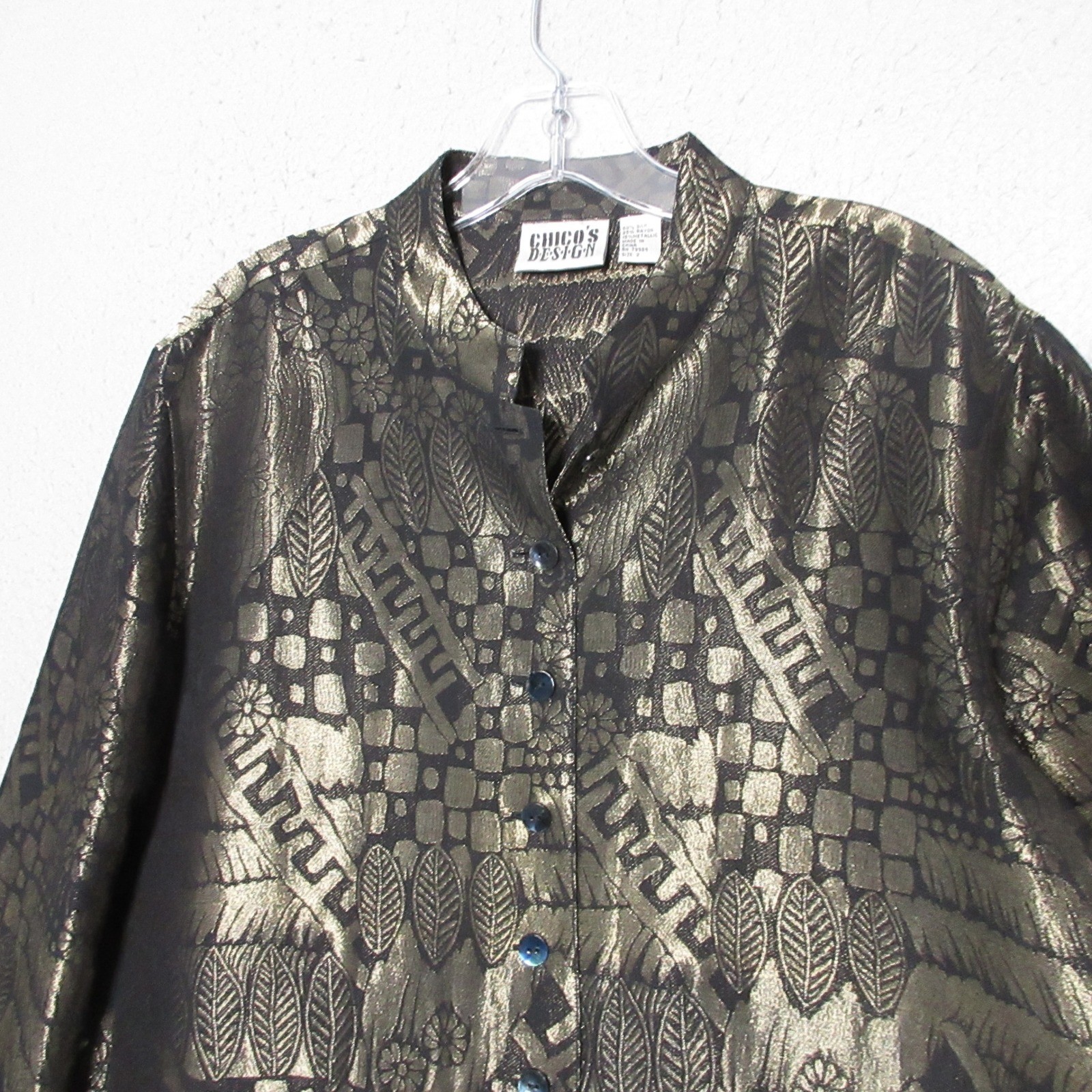 Vintage Chicos Design Top Gold Black Silk Blend Metallic Party Artsy Old Money