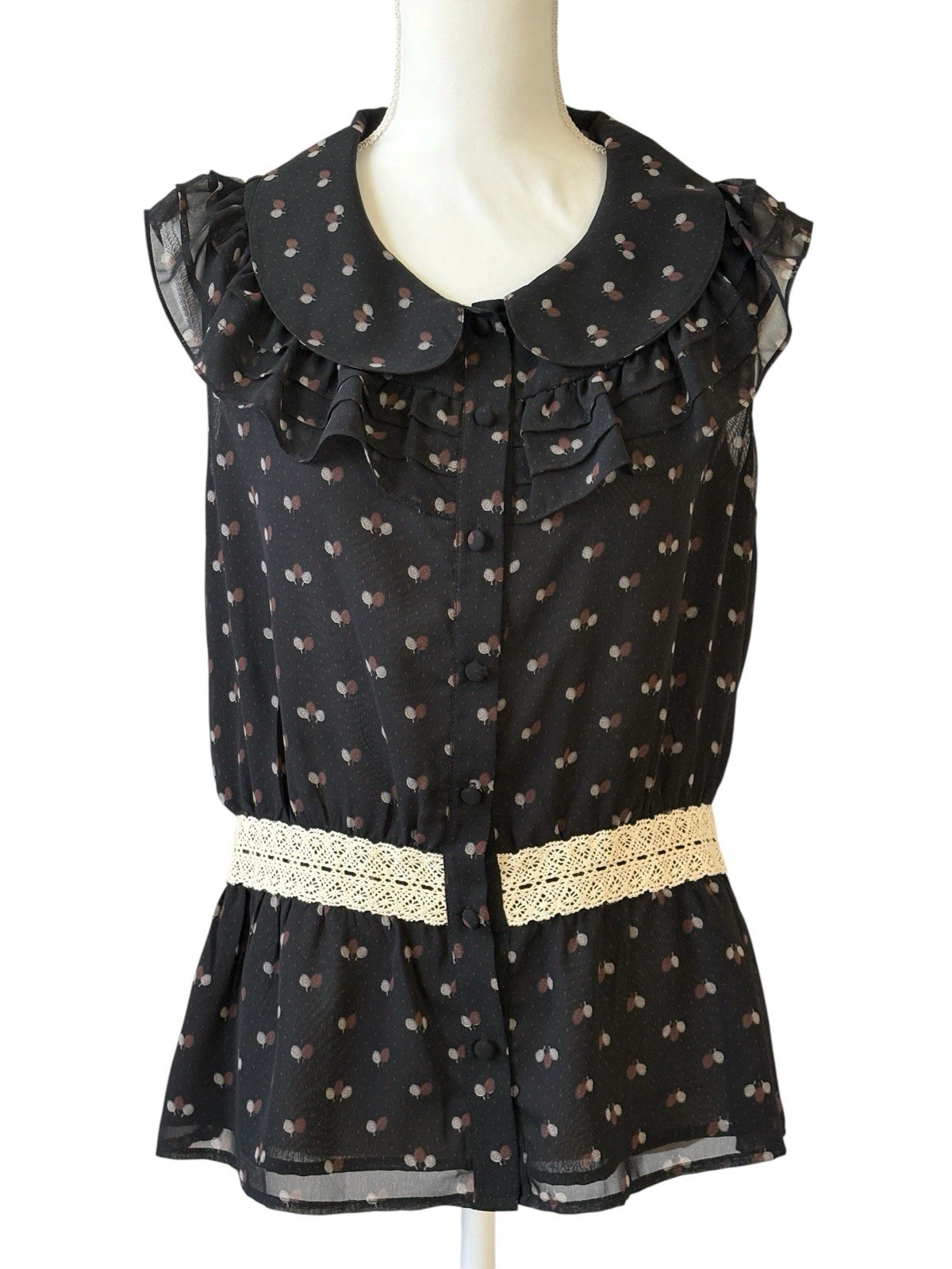 Line & Dot Women’s Black Chiffon Peter Pan Collar Sleeveless Blouse Top Size L