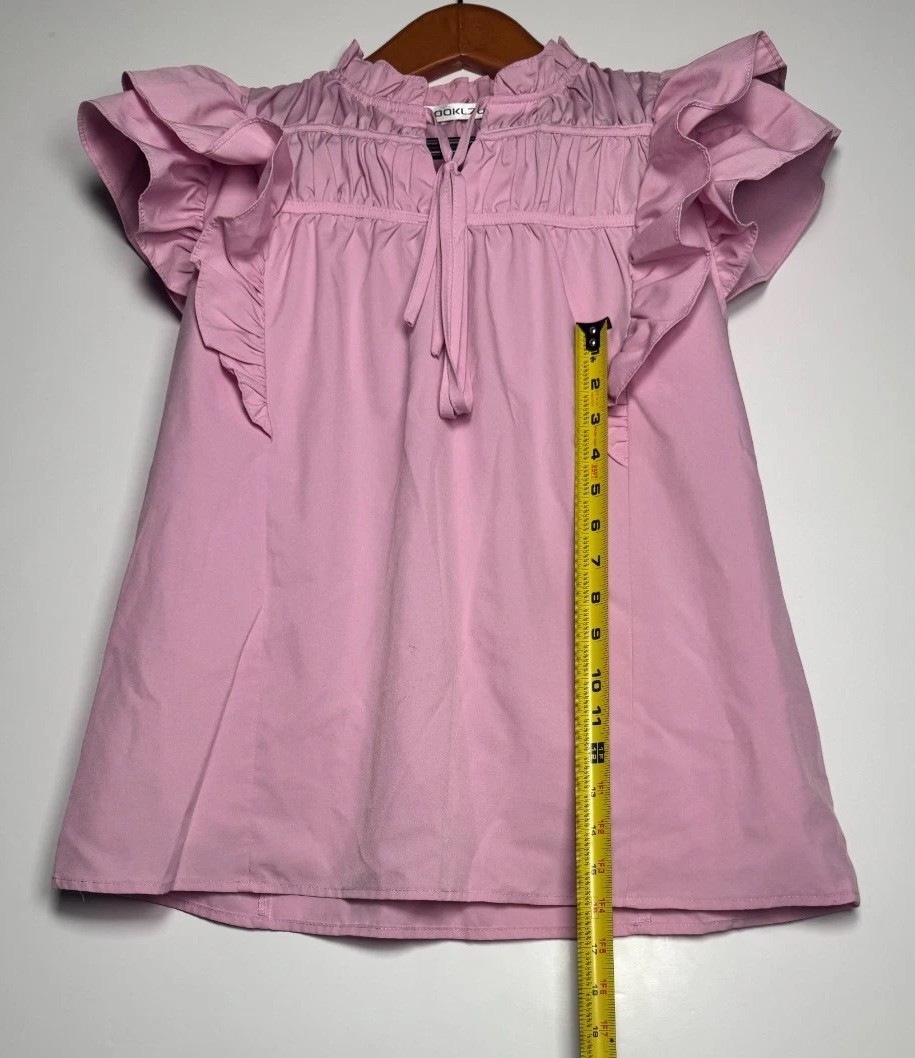 Hooklzo Blouse Top Womens Small Pink Flutter Sleeve Smocked Tie Neck Pleated