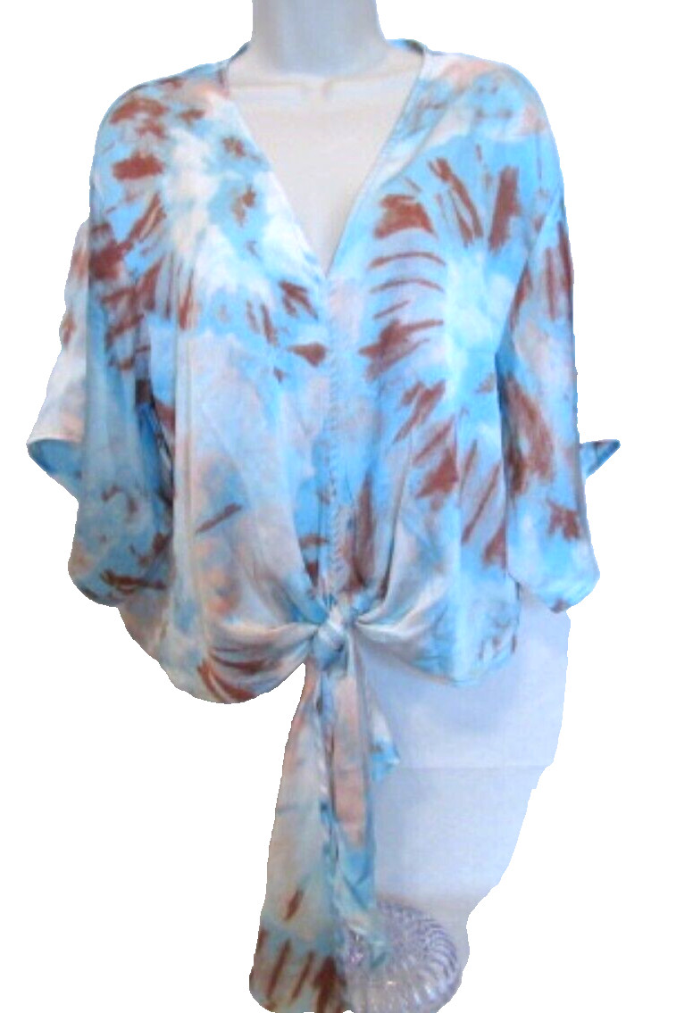 Tula J Women’s Medium Tie Front Kimono Blue Brown & White Blouse