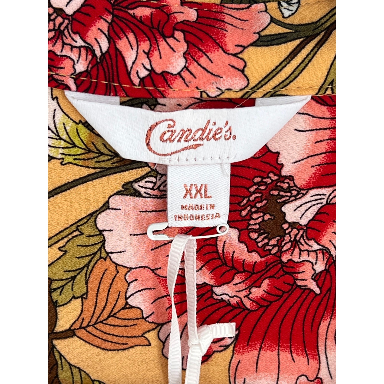 Candie’s Sz XXL Mustard Yellow Floral Roll Tab Long Sleeve Blouse NWT Org $38