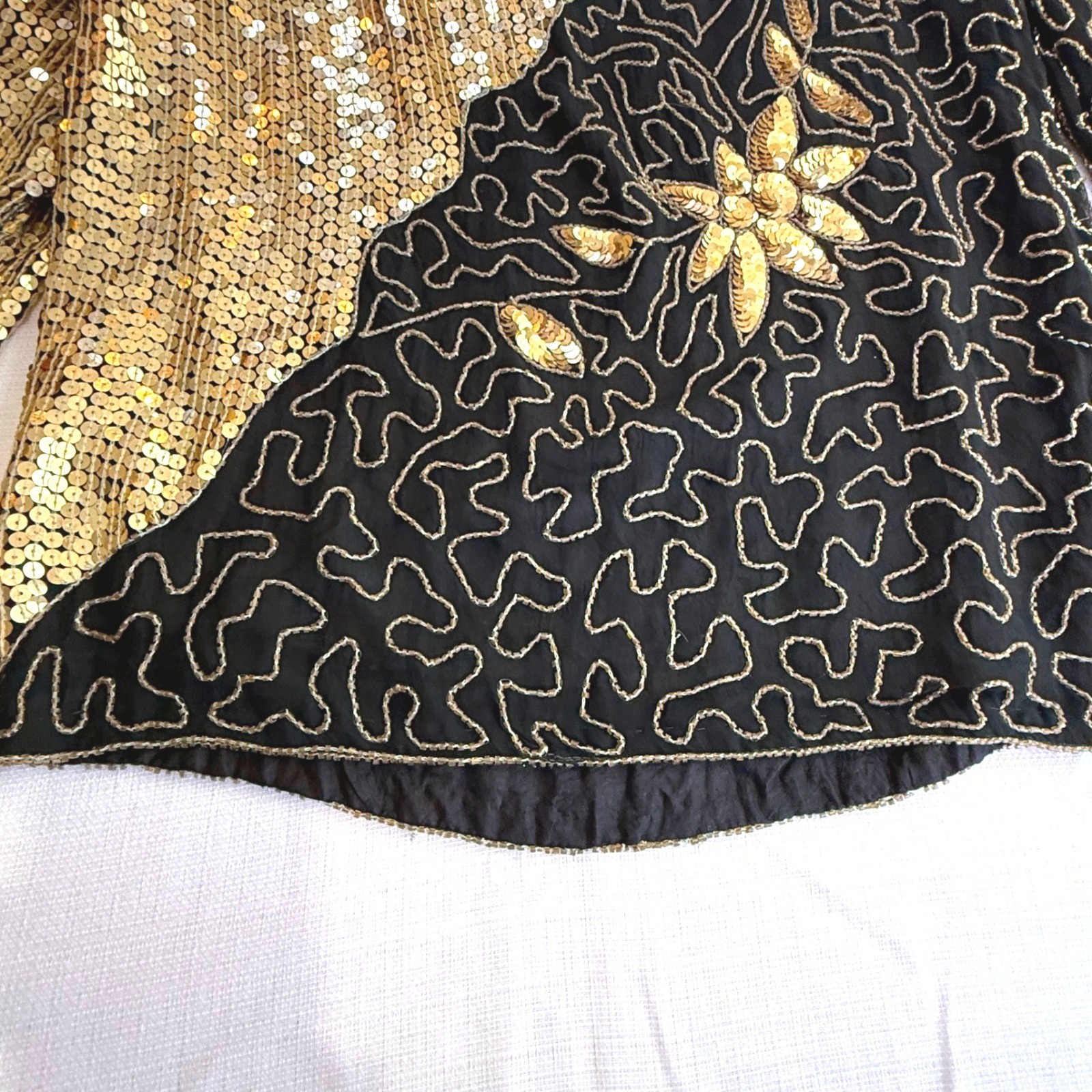 Vintage Joseph Le Bon Pure Silk Sequin Beaded Top Small Black Gold 80s