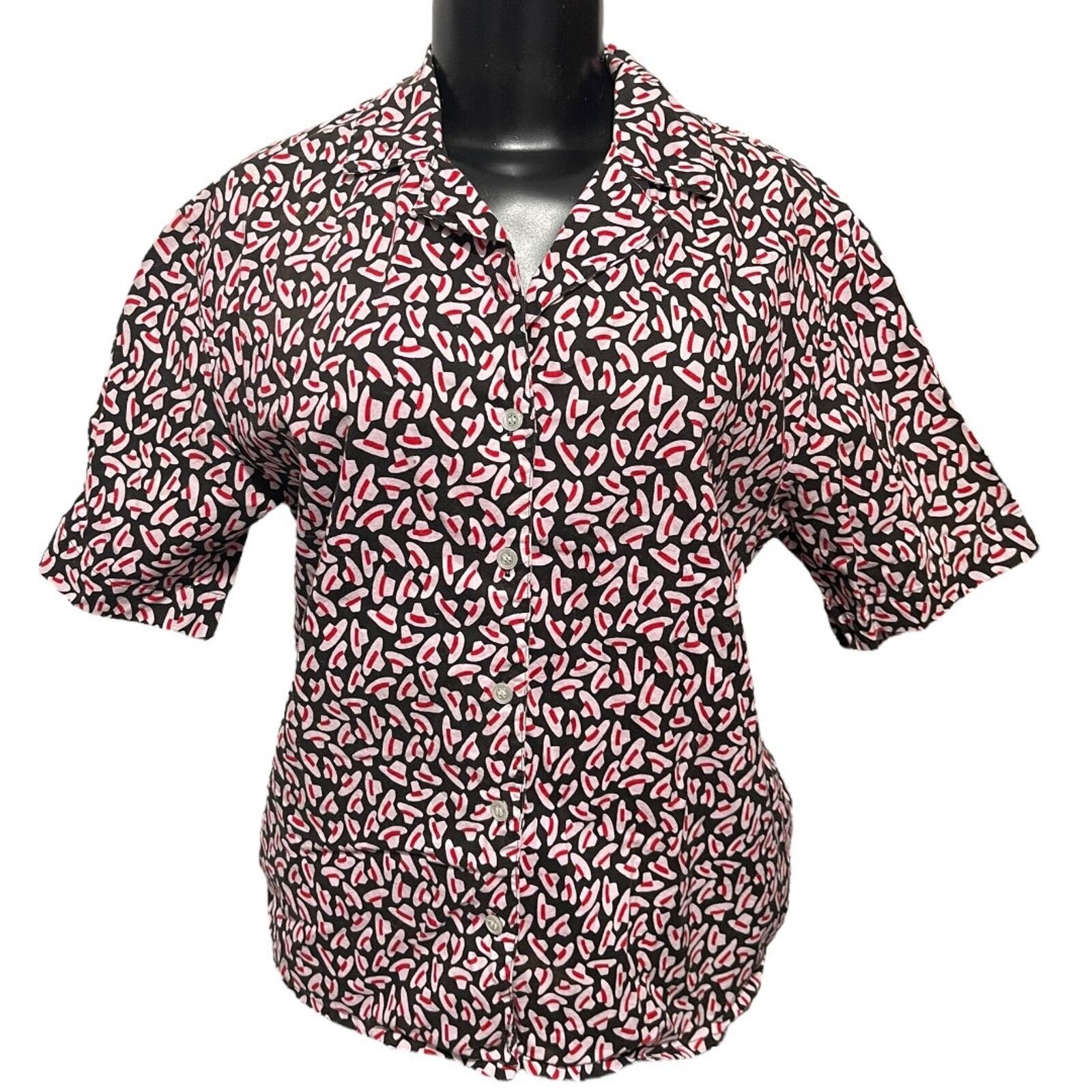 Size 12 Suburbans Womens Vintage Button Up Shirt Blouse Fedora Hat Print