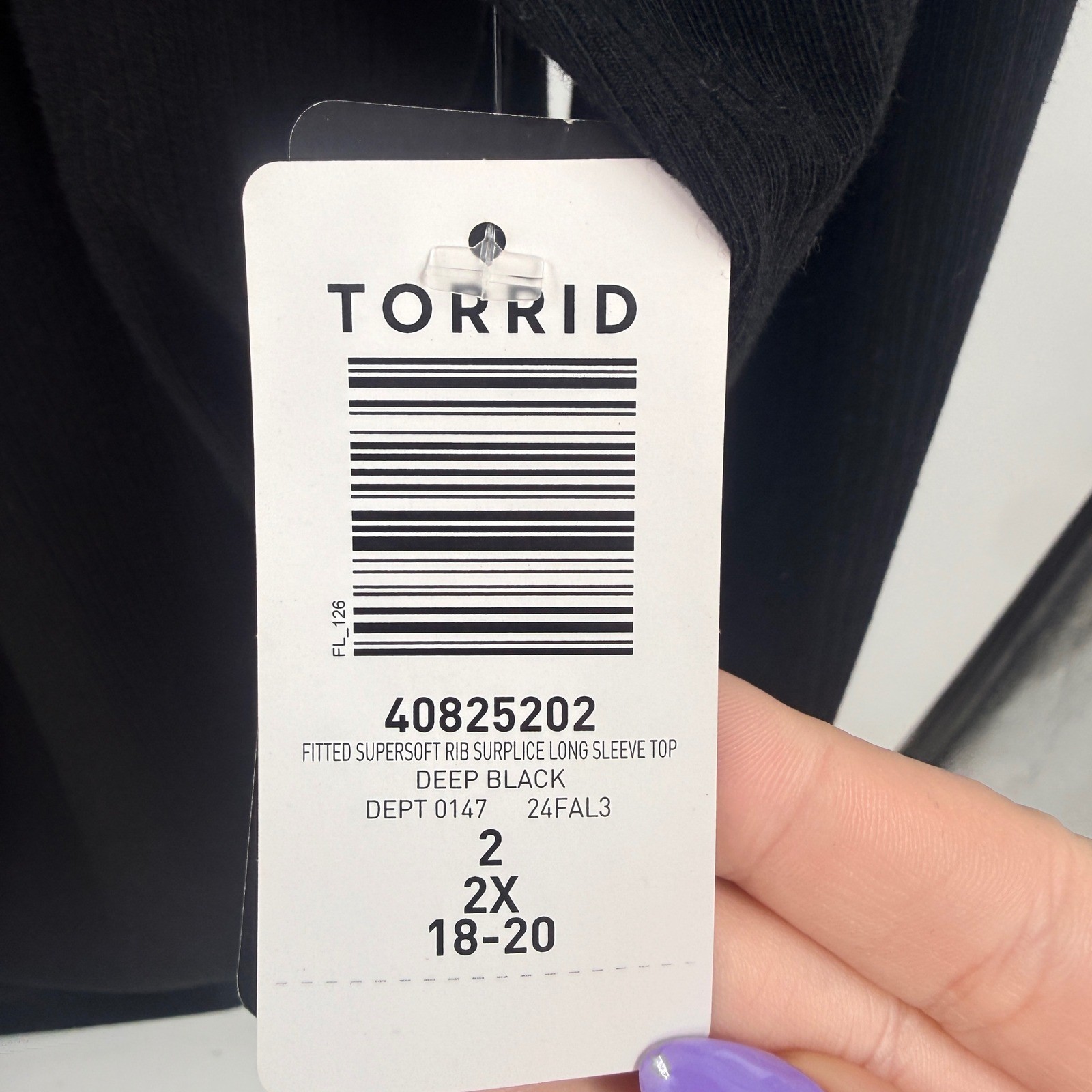 Torrid Super Soft Rib Surplice Long Sleeve Ruched Top Deep Black 2 2X 18-20