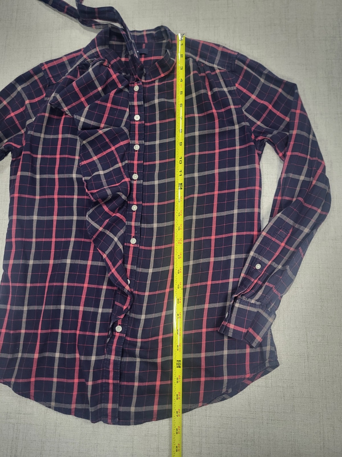 Gap Navy And Pink Front Ruffle Plaid Button Shirt with Self Tie Bow Size M