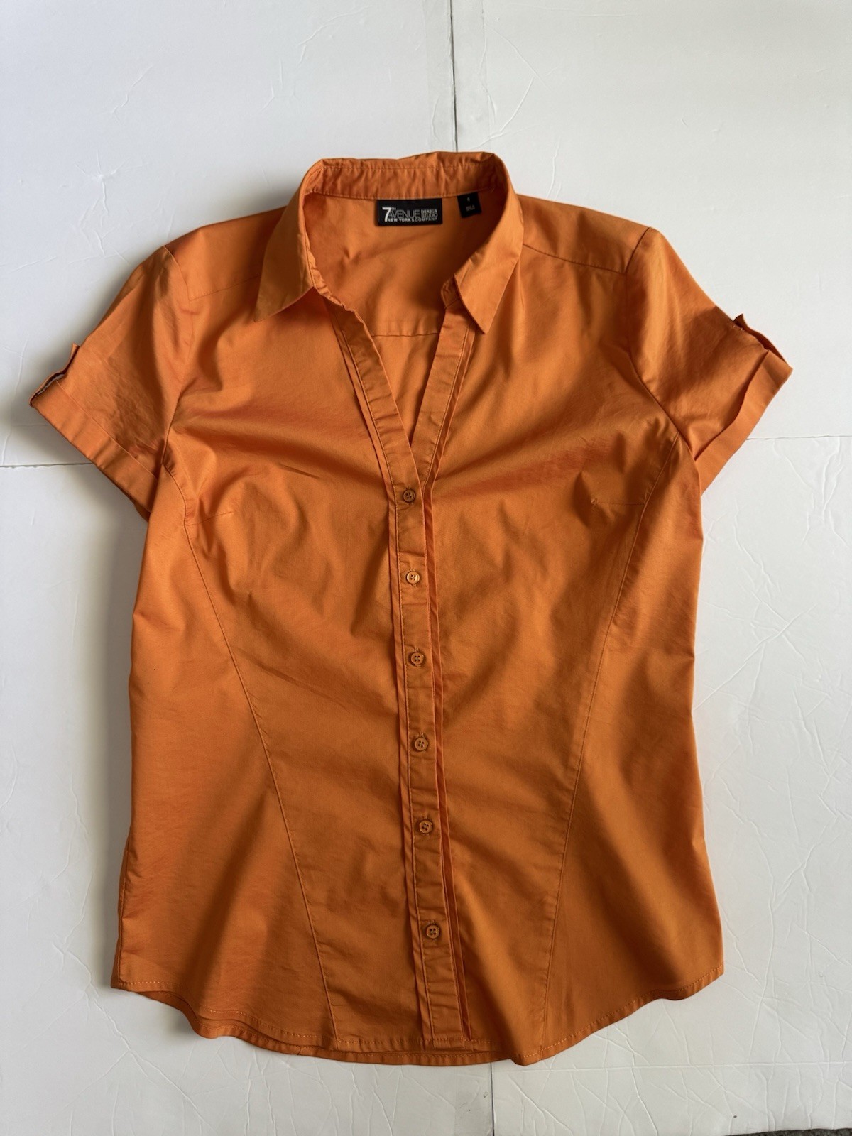 7th Avenue NYC S Orange Button Front Blouse Top Stretch Work Shirt Short Sleev